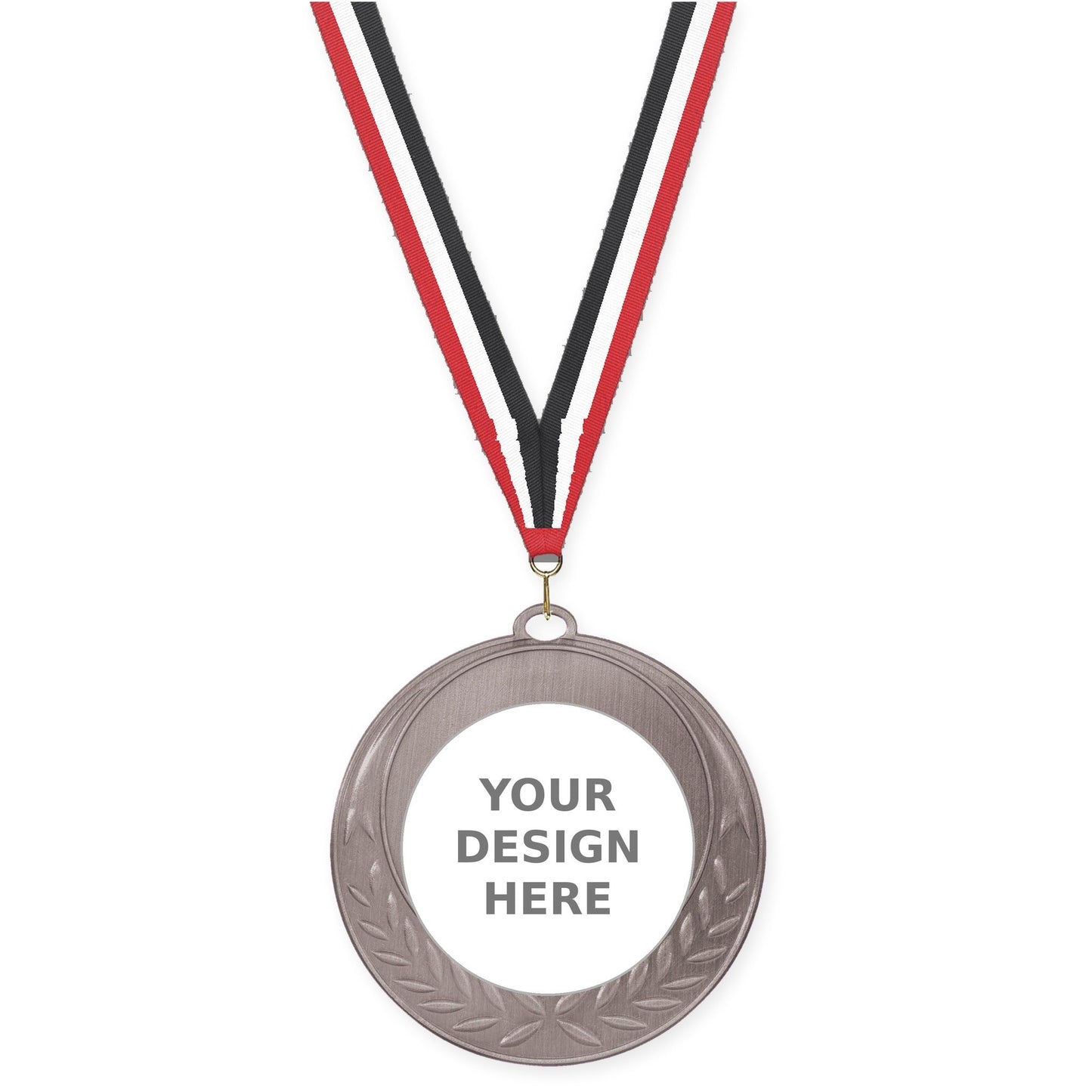 2 3/4 inch Half Laurel insert medal in antique silver with Red White Black neck ribbon