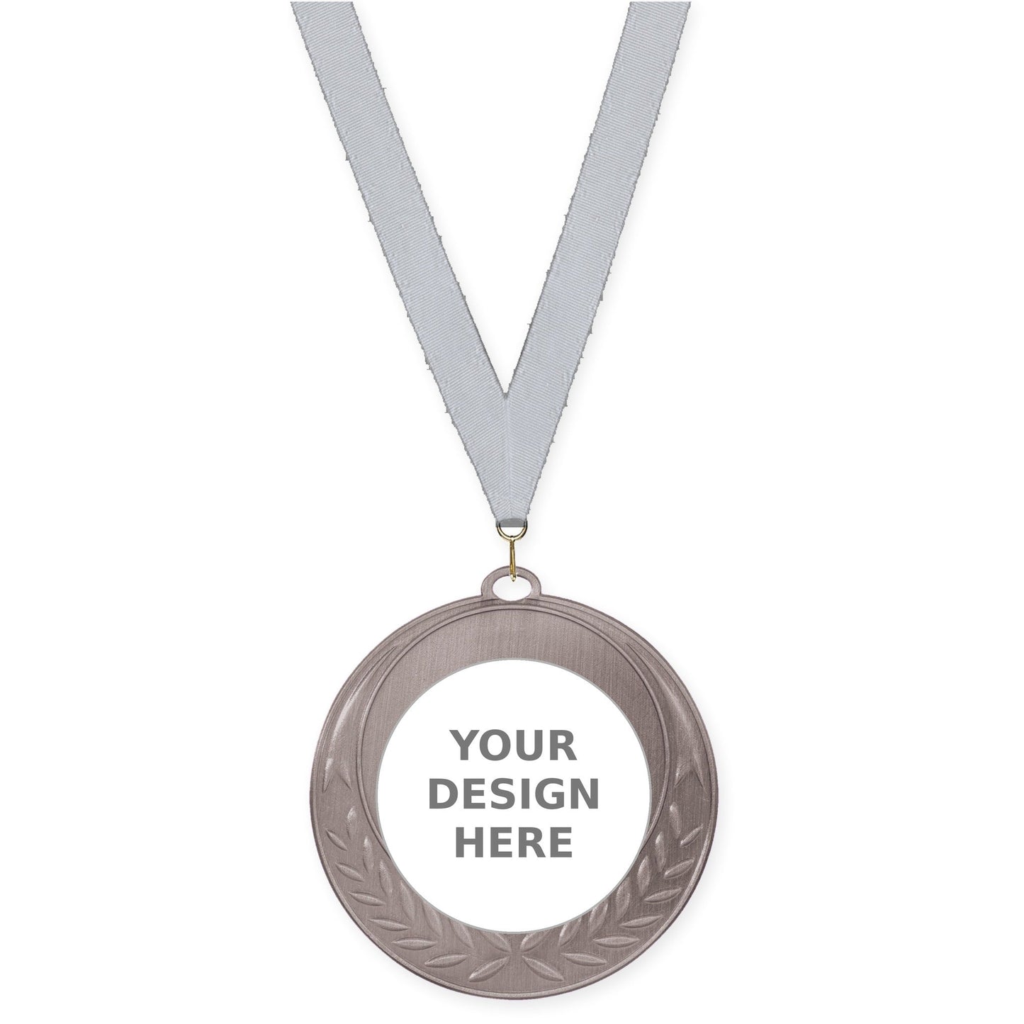 2 3/4 inch Half Laurel insert medal in antique silver with Silver Metallic neck ribbon