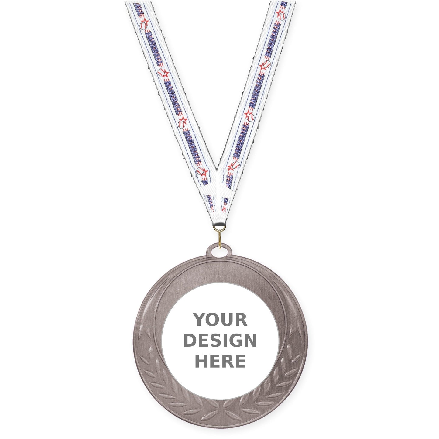 2 3/4 inch Half Laurel insert medal in antique silver with Baseball neck ribbon