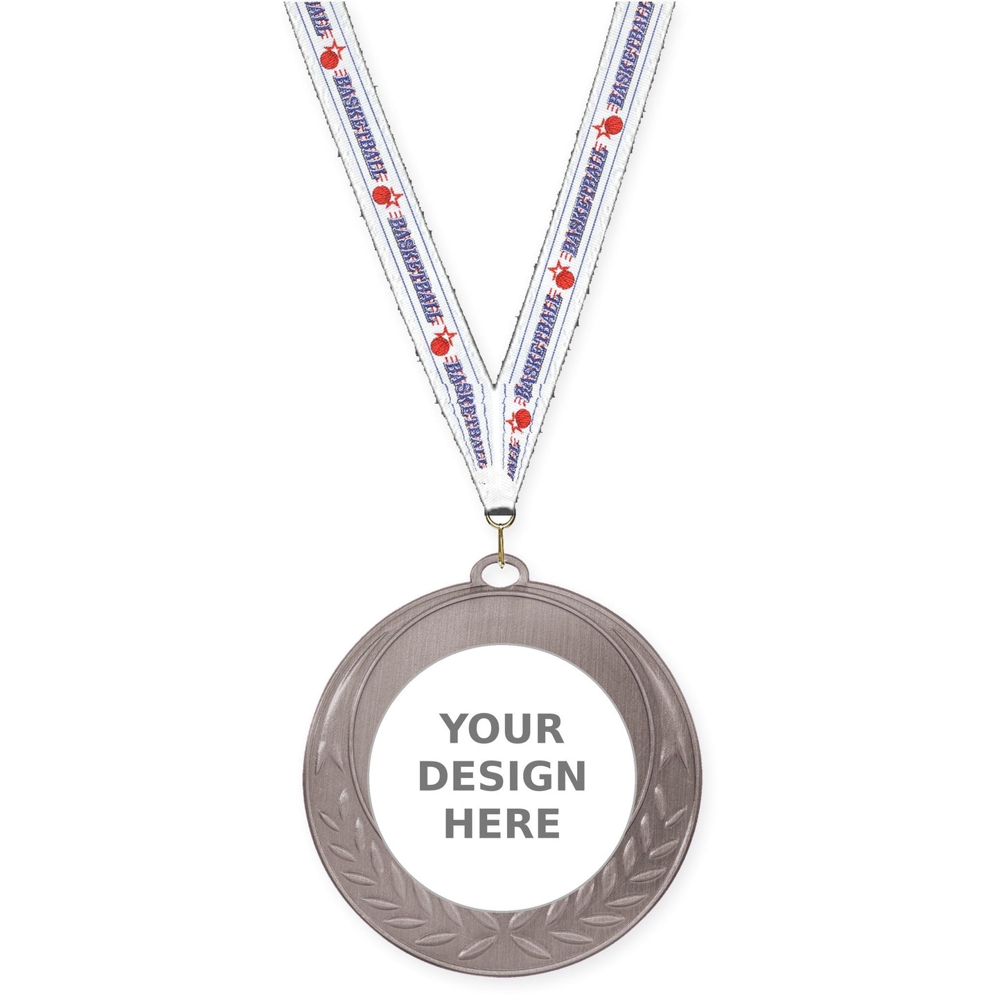 2 3/4 inch Half Laurel insert medal in antique silver with Basketball neck ribbon