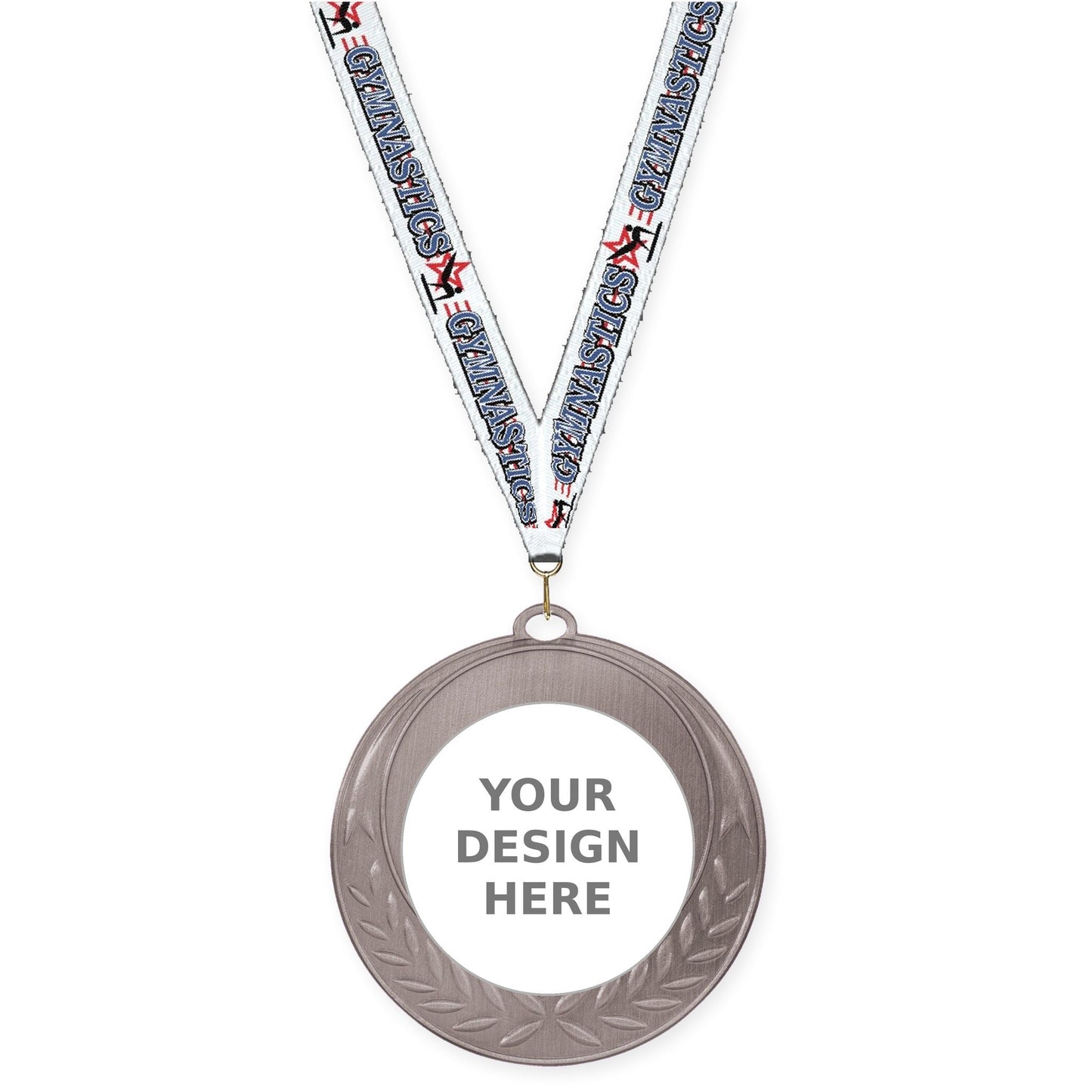 2 3/4 inch Half Laurel insert medal in antique silver with Gymnastics neck ribbon