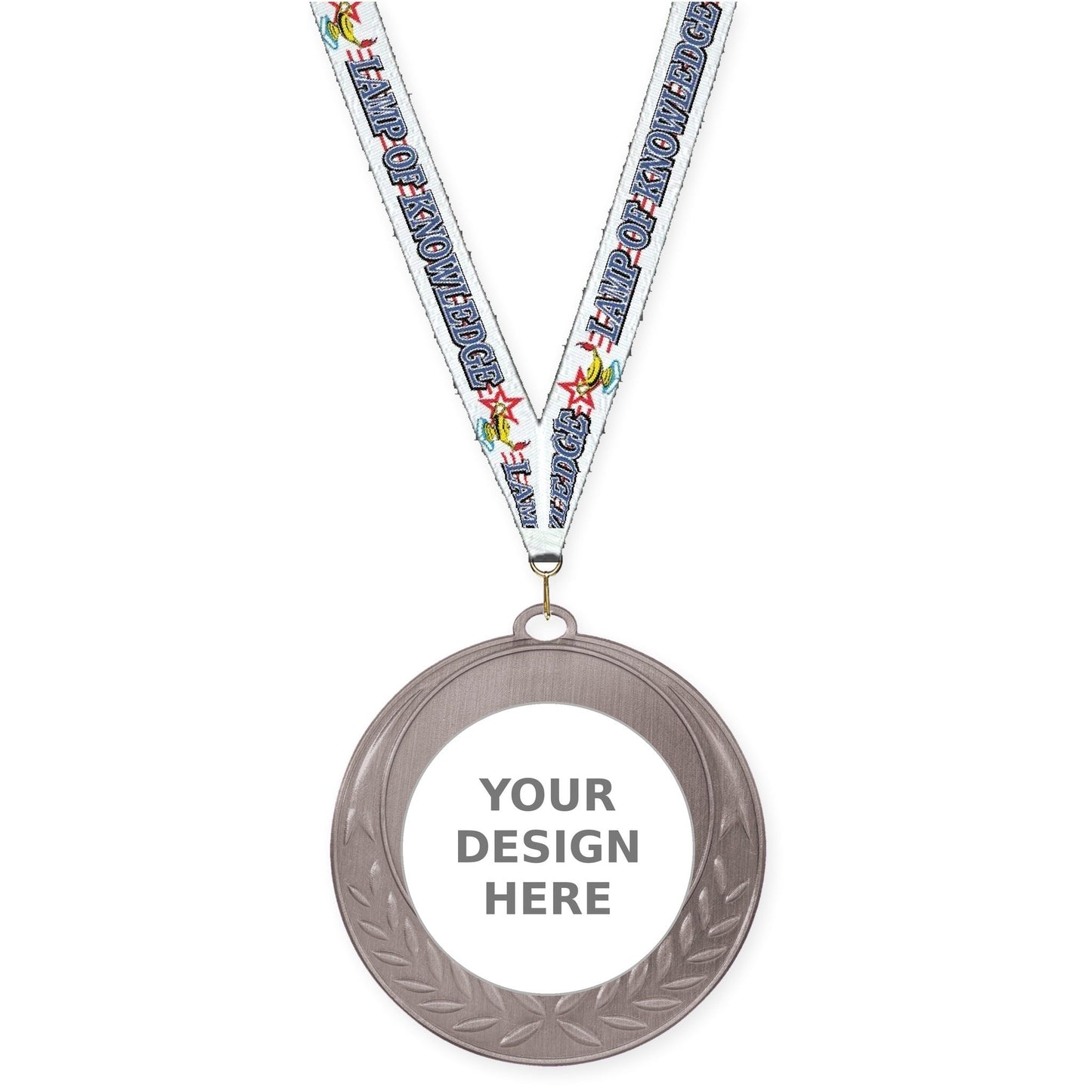 2 3/4 inch Half Laurel insert medal in antique silver with Lamp Of Knowledge neck ribbon