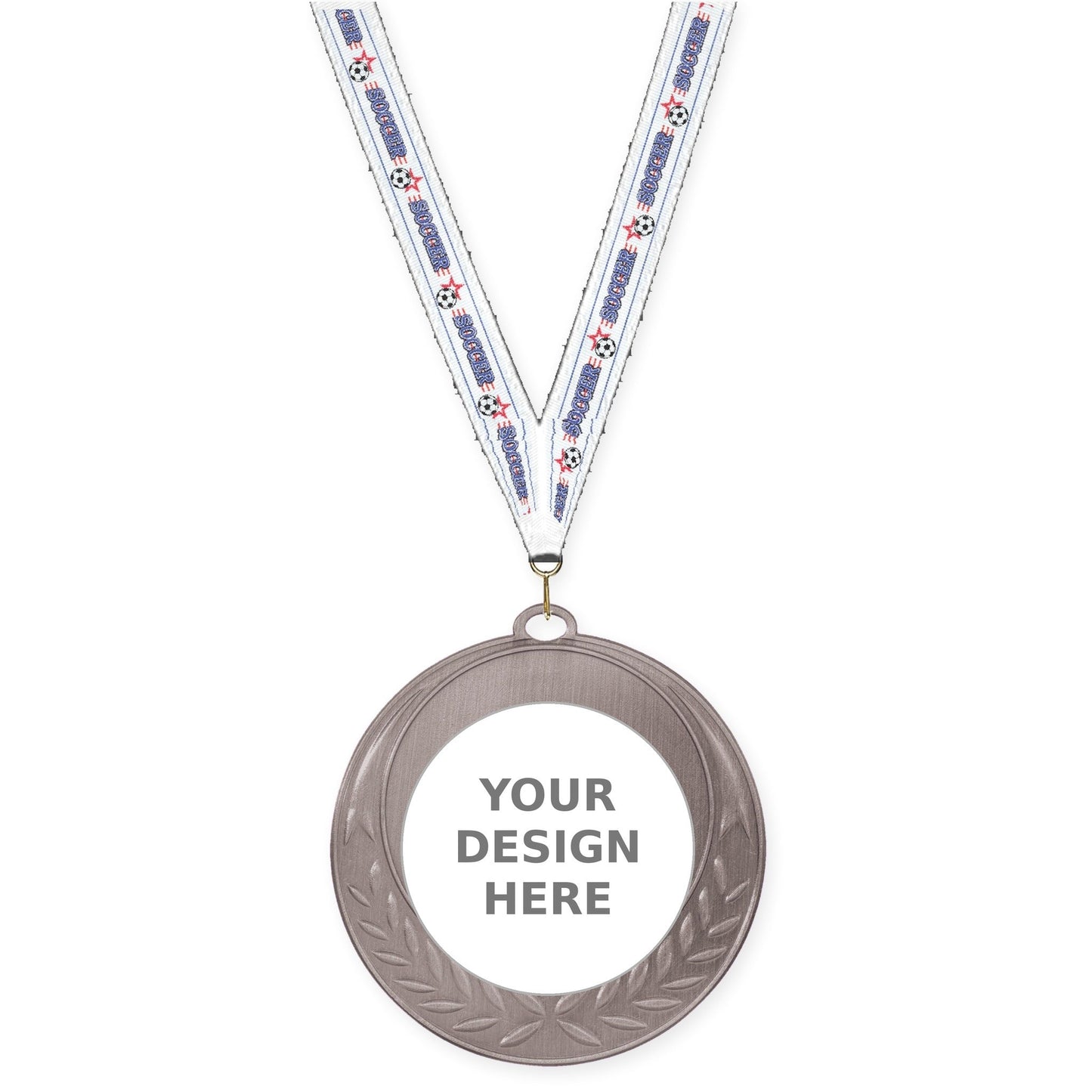 2 3/4 inch Half Laurel insert medal in antique silver with Soccer neck ribbon