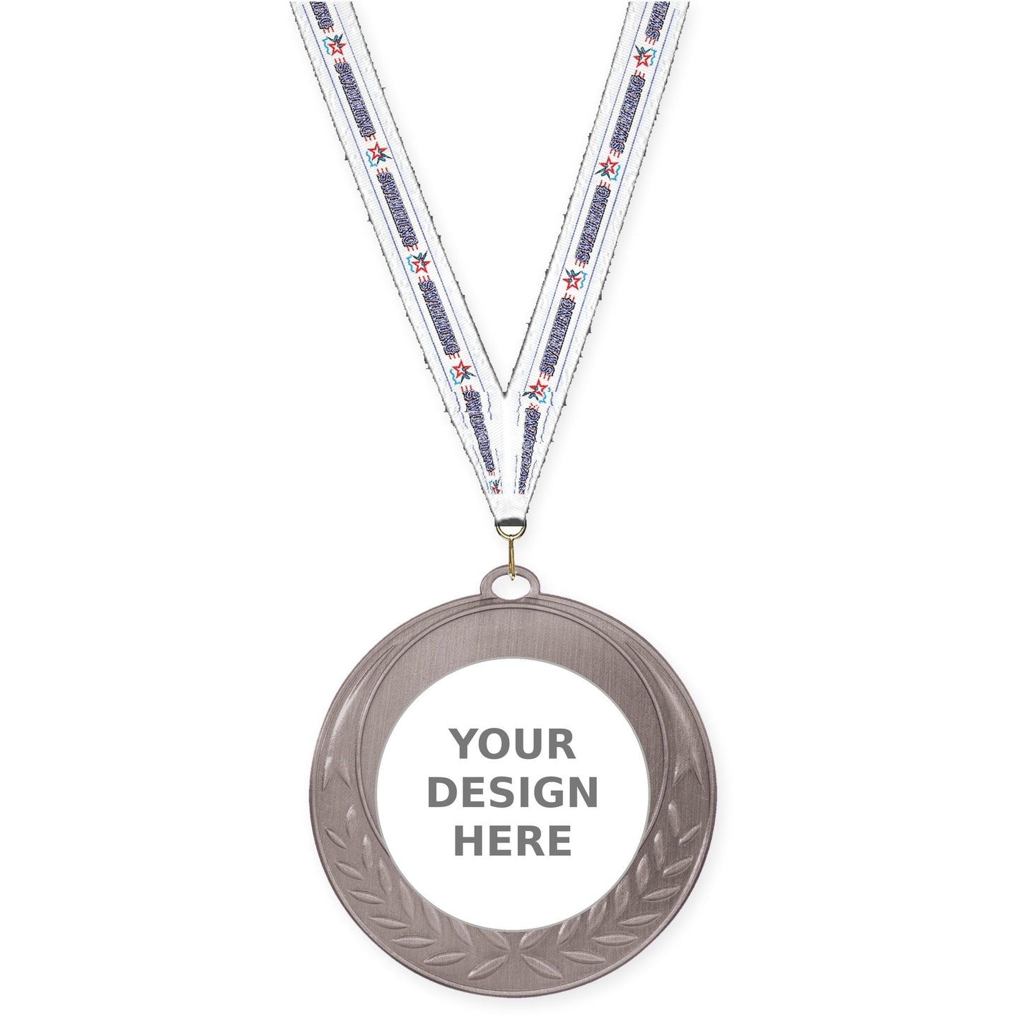 2 3/4 inch Half Laurel insert medal in antique silver with Swimming neck ribbon