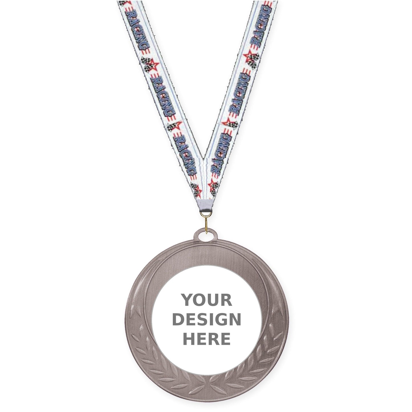 2 3/4 inch Half Laurel insert medal in antique silver with Auto Racing neck ribbon