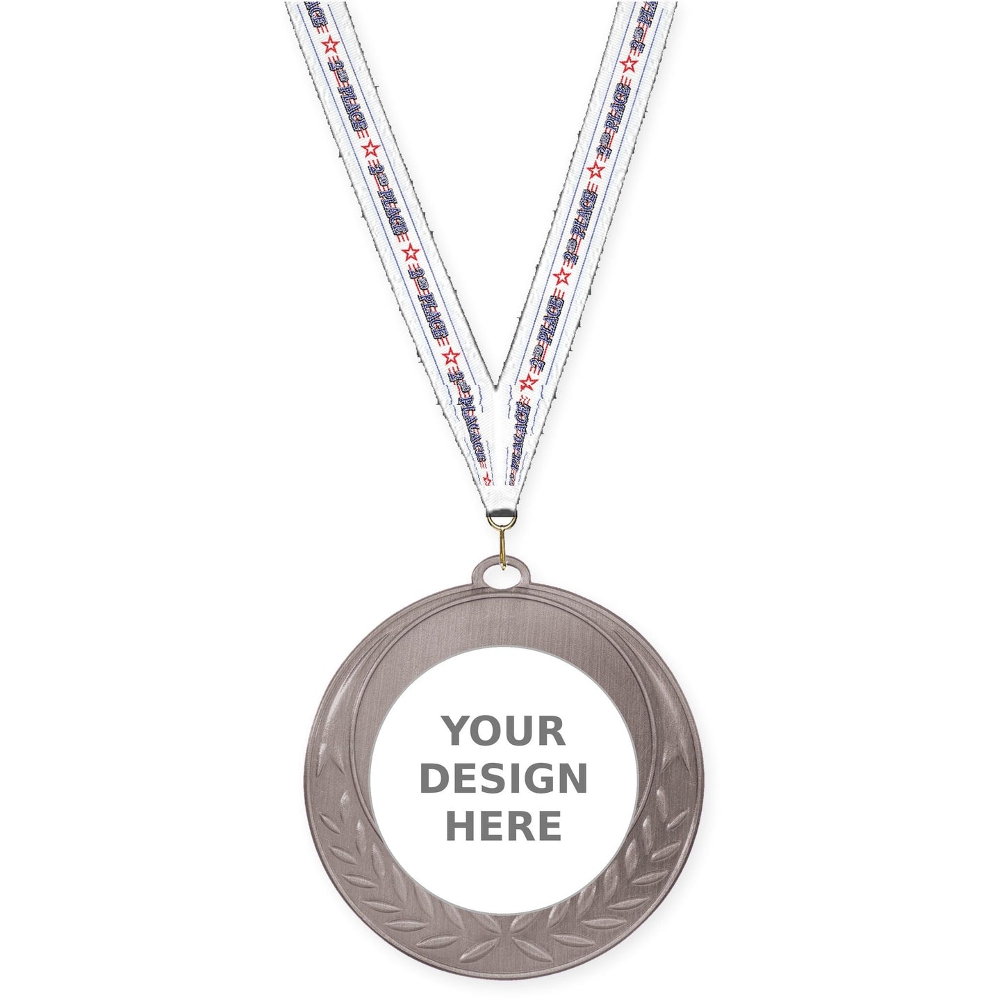 2 3/4 inch Half Laurel insert medal in antique silver with 2nd Place neck ribbon