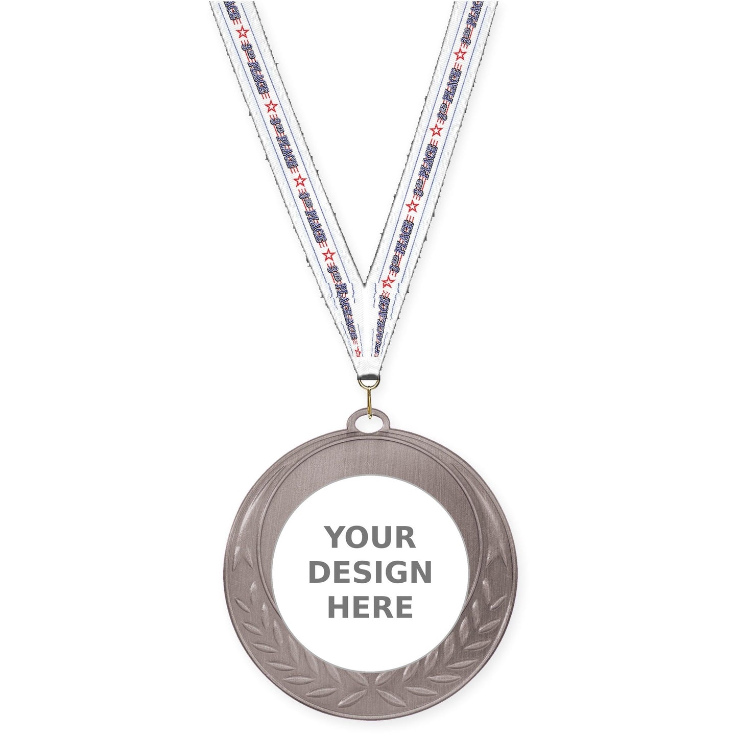 2 3/4 inch Half Laurel insert medal in antique silver with 3rd Place neck ribbon