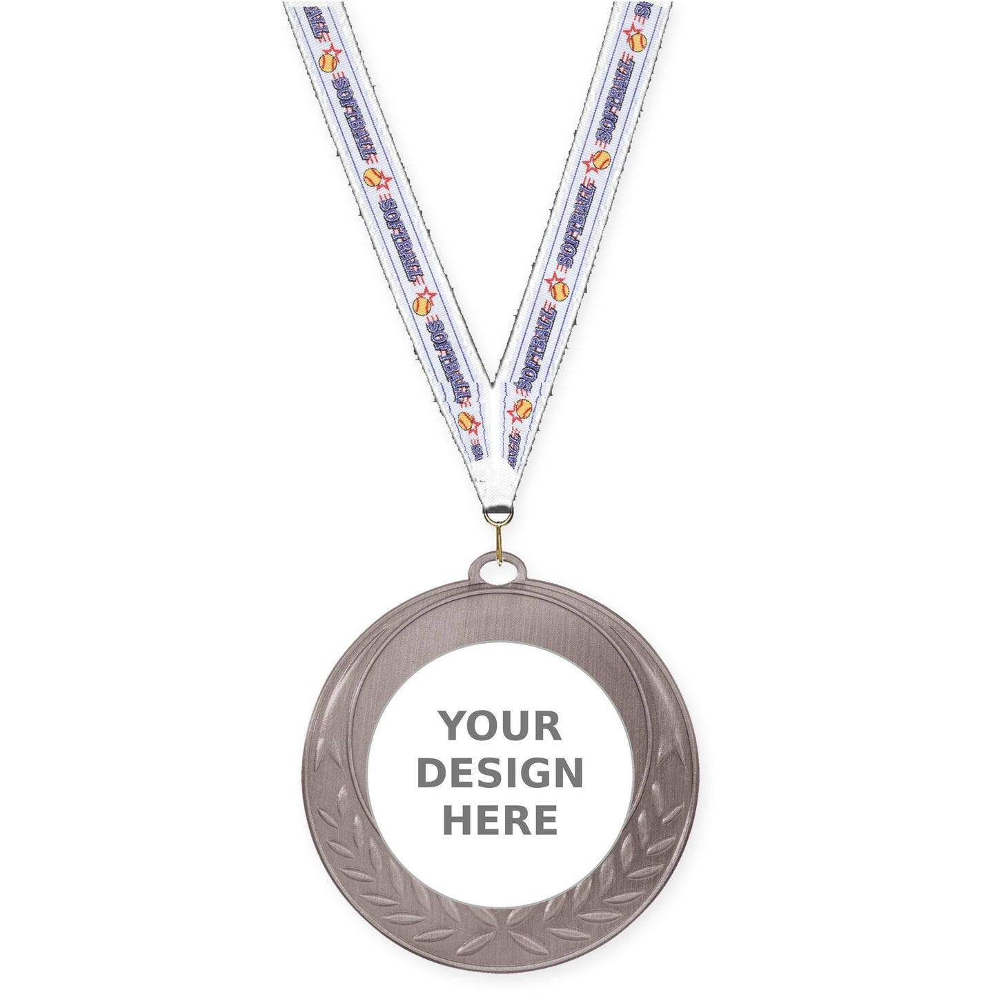 2 3/4 inch Half Laurel insert medal in antique silver with Softball neck ribbon