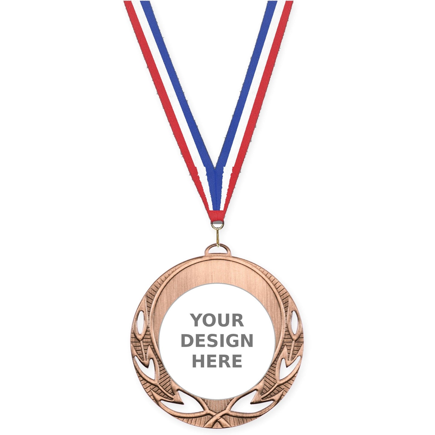 2 3/4 inch Open Laurel insert medal in antique bronze with Red White Blue neck ribbon