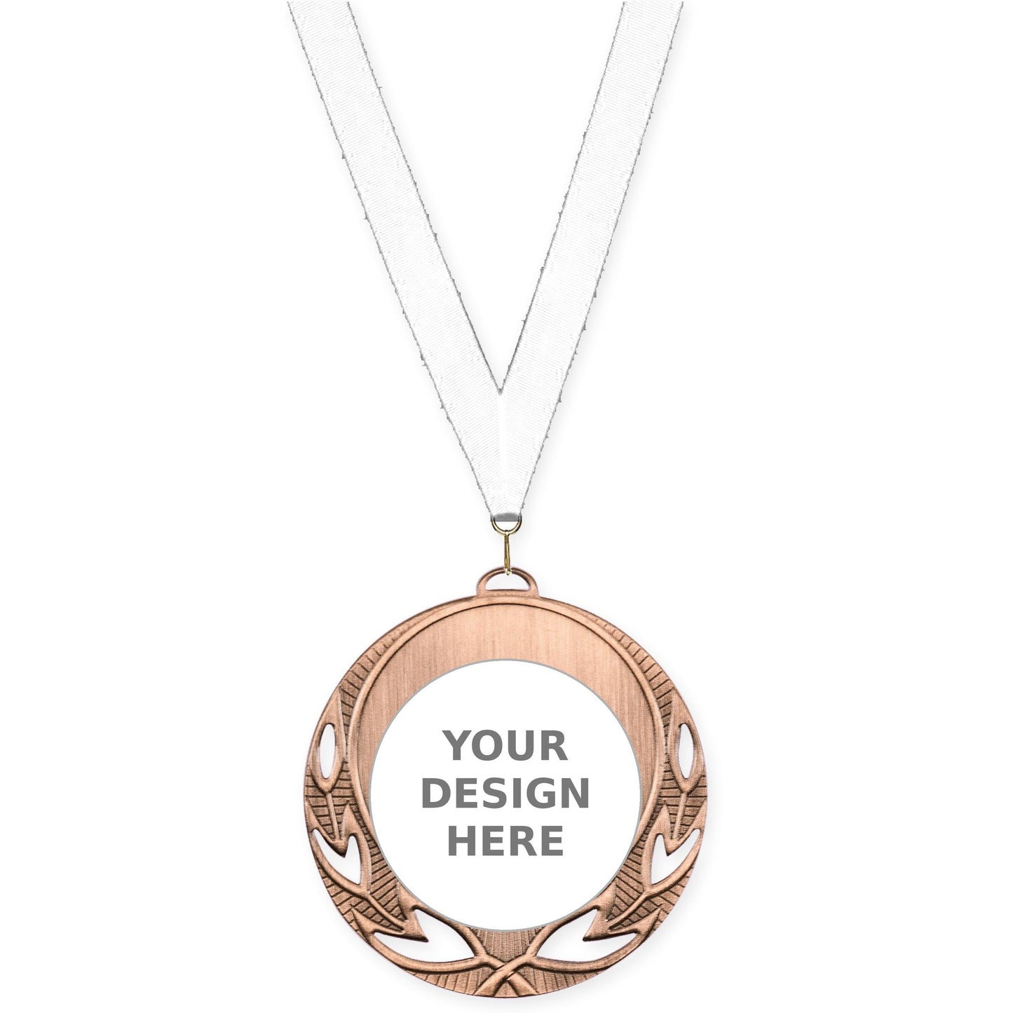 2 3/4 inch Open Laurel insert medal in antique bronze with White neck ribbon