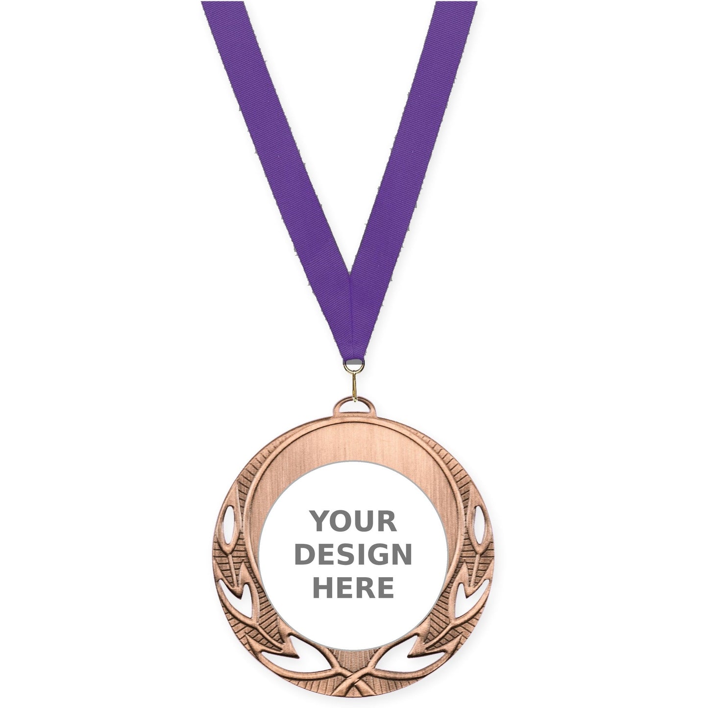 2 3/4 inch Open Laurel insert medal in antique bronze with Purple neck ribbon