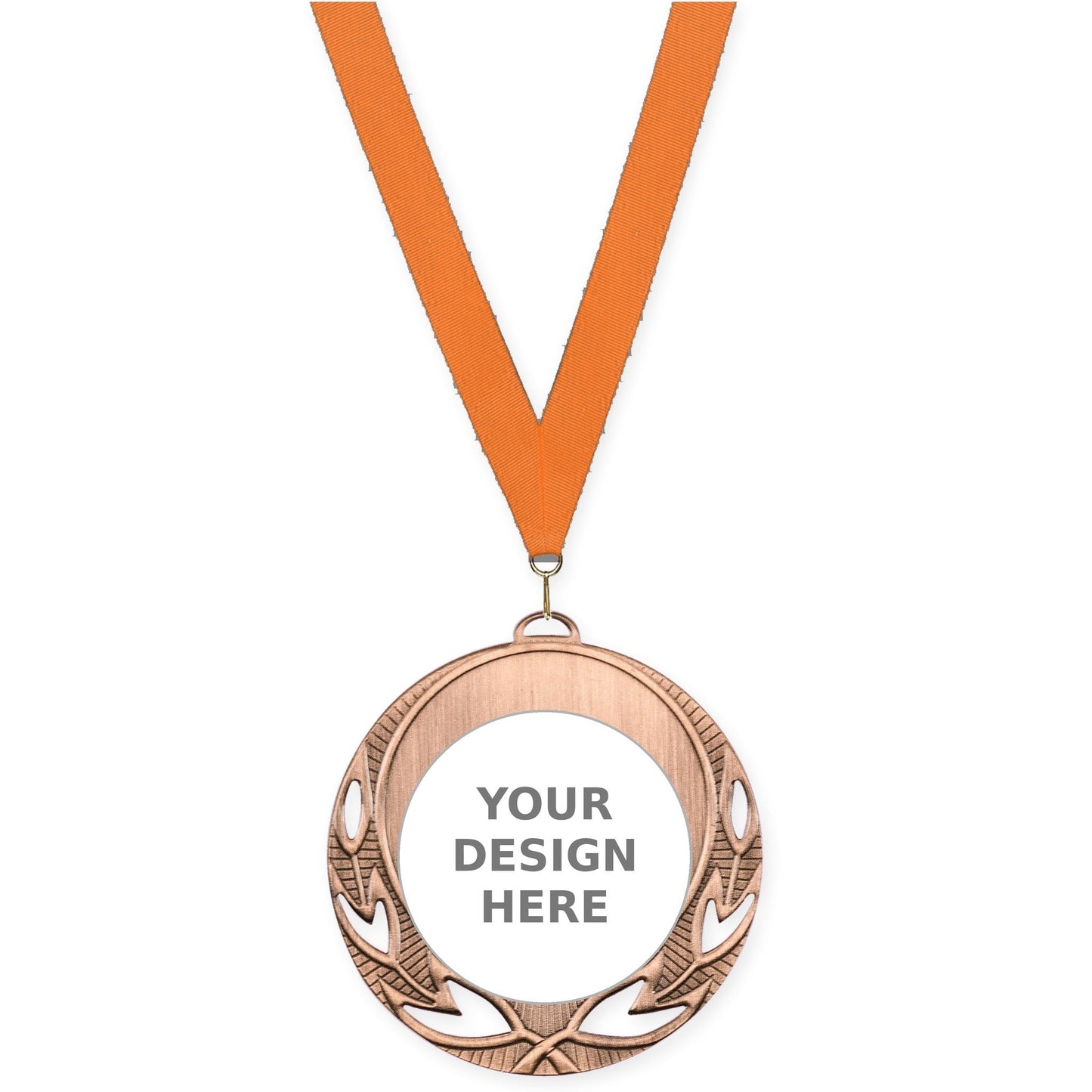 2 3/4 inch Open Laurel insert medal in antique bronze with Orange neck ribbon
