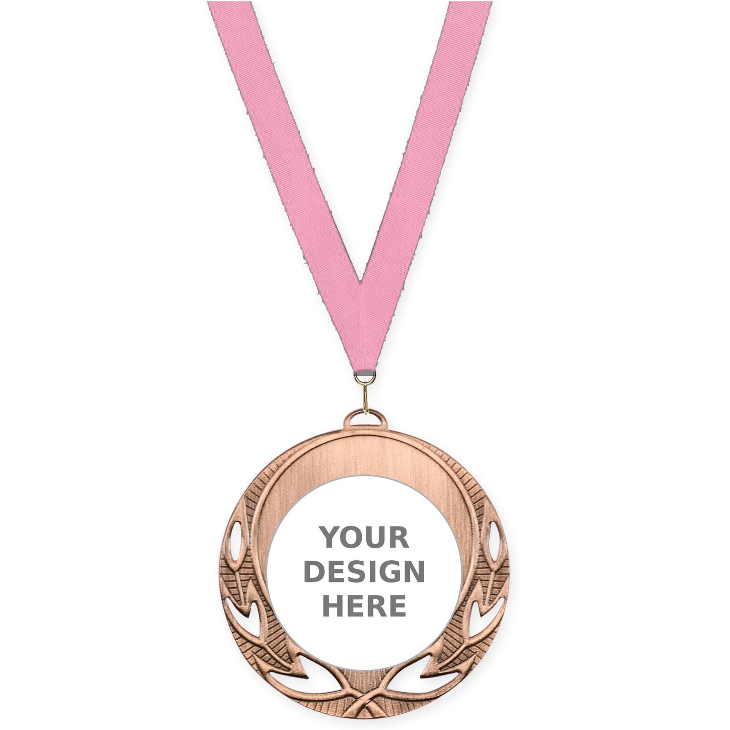 2 3/4 inch Open Laurel insert medal in antique bronze with Pink neck ribbon