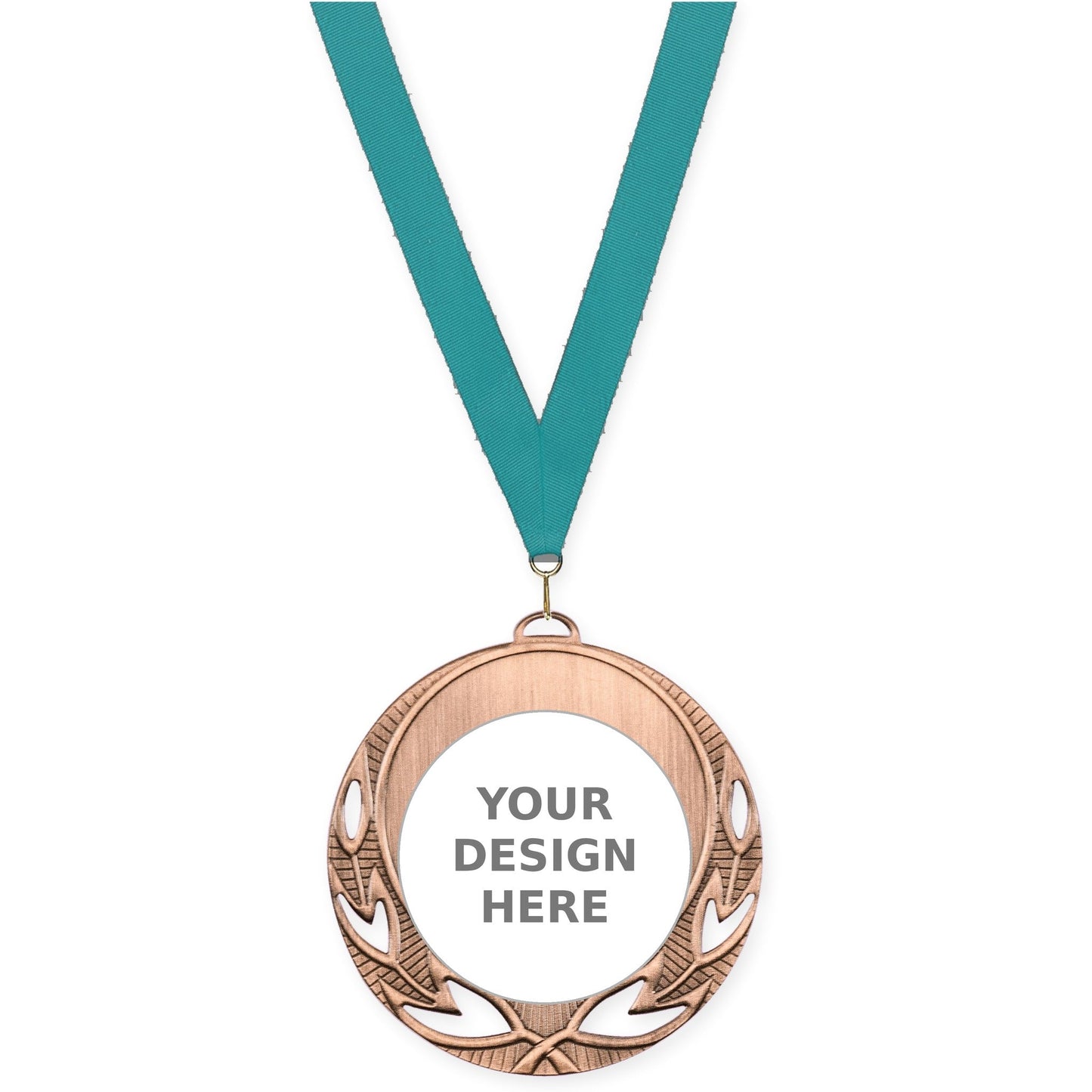 2 3/4 inch Open Laurel insert medal in antique bronze with Teal neck ribbon