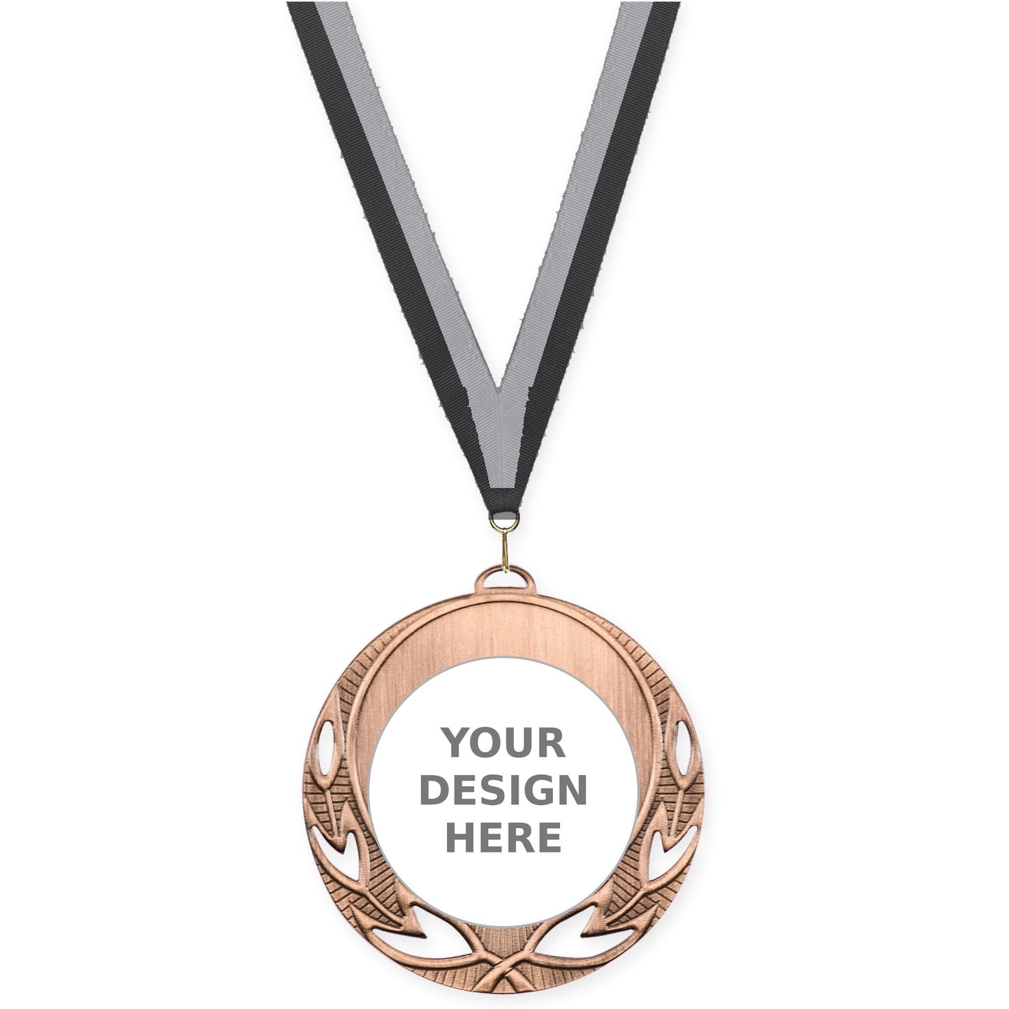 2 3/4 inch Open Laurel insert medal in antique bronze with Black Gray neck ribbon