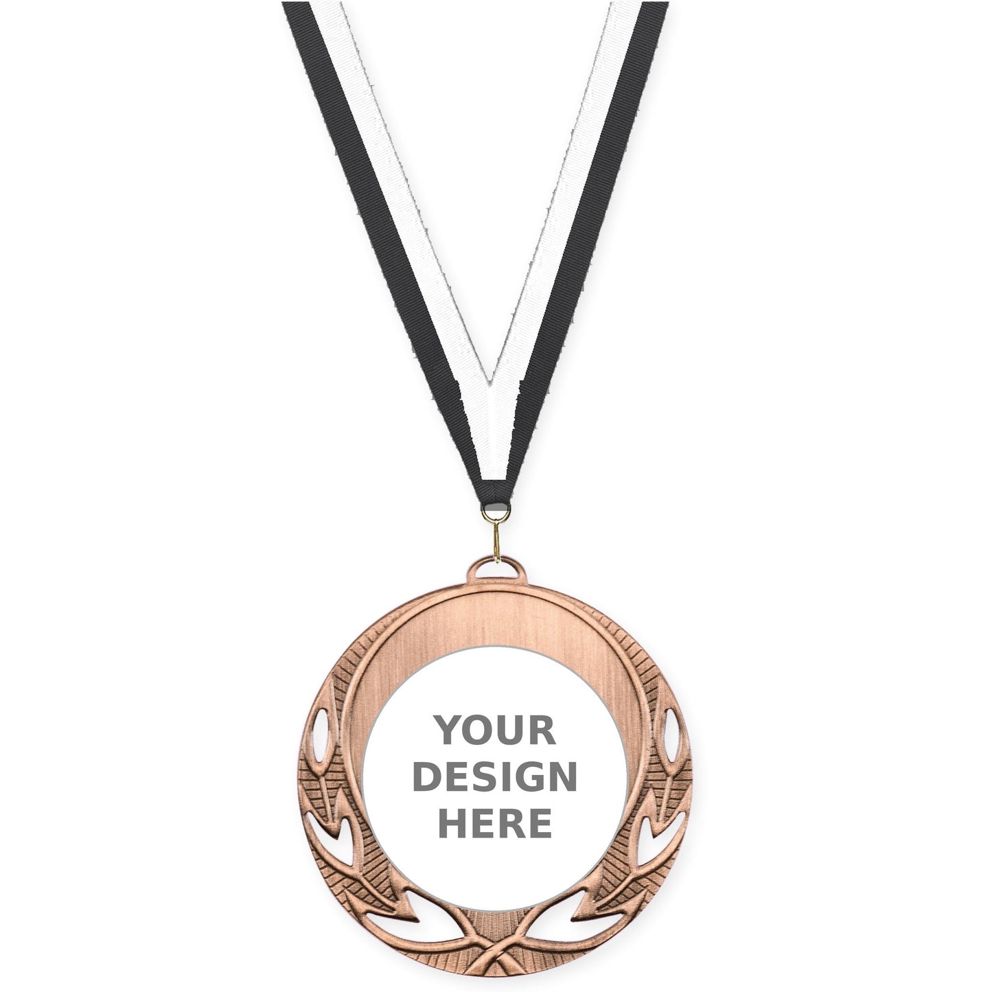 2 3/4 inch Open Laurel insert medal in antique bronze with Black White neck ribbon