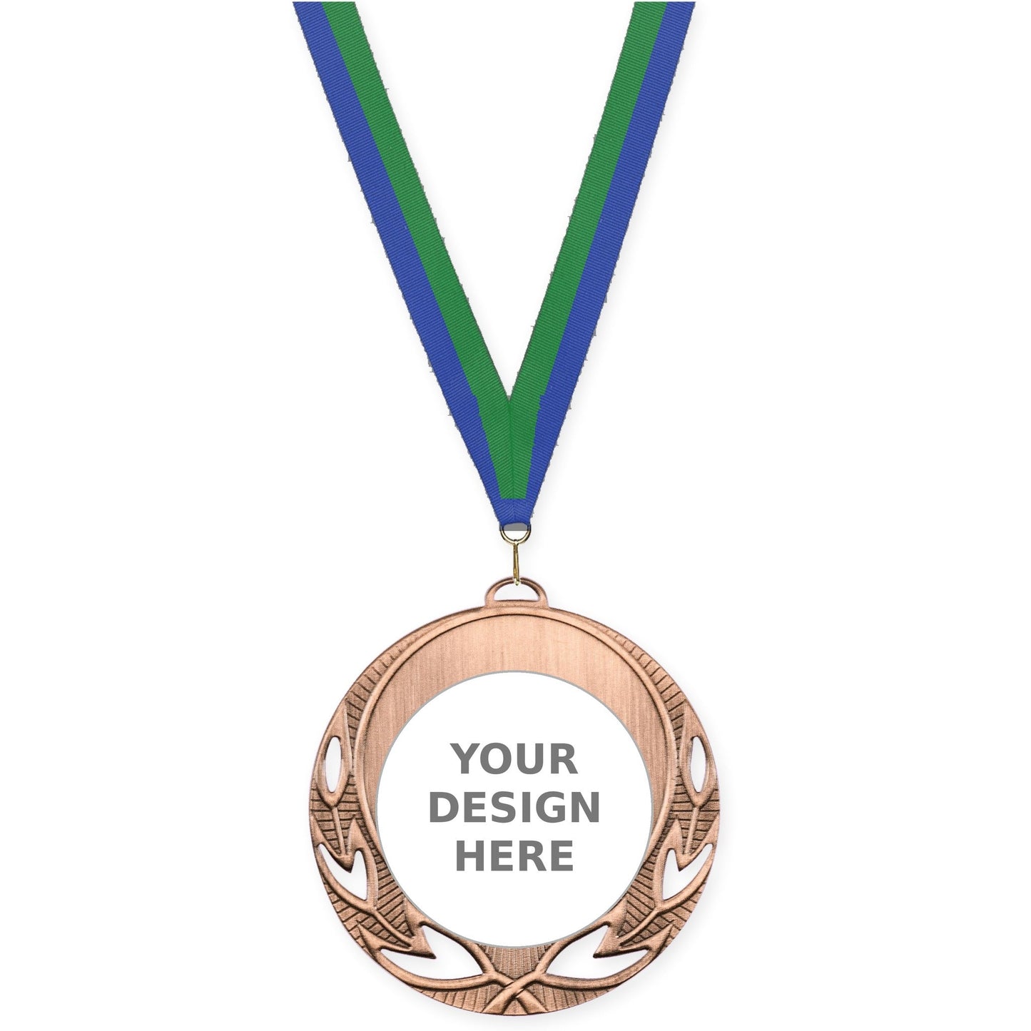 2 3/4 inch Open Laurel insert medal in antique bronze with Blue Green neck ribbon
