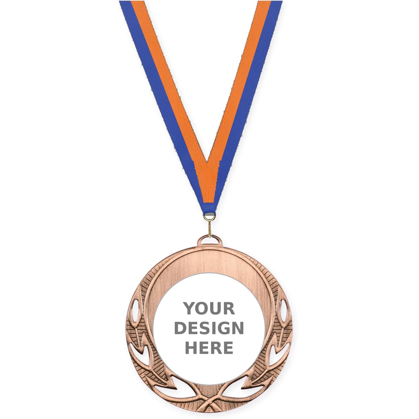 2 3/4 inch Open Laurel insert medal in antique bronze with Blue Orange neck ribbon
