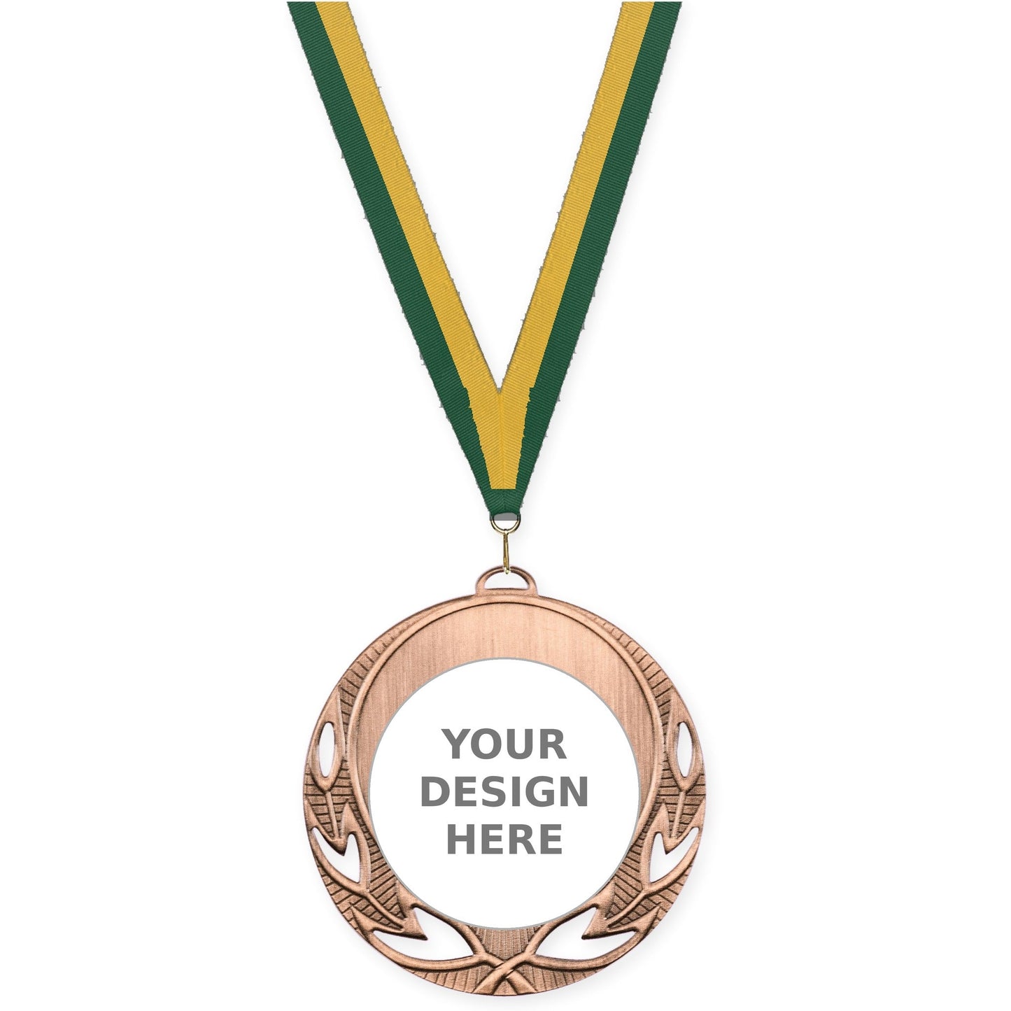 2 3/4 inch Open Laurel insert medal in antique bronze with Hunter Green Gold neck ribbon