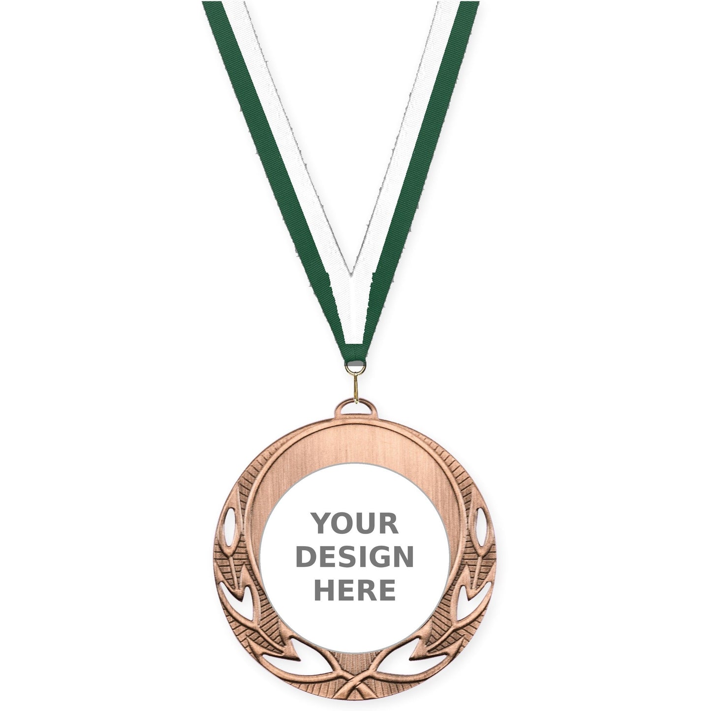 2 3/4 inch Open Laurel insert medal in antique bronze with Hunter Green White neck ribbon