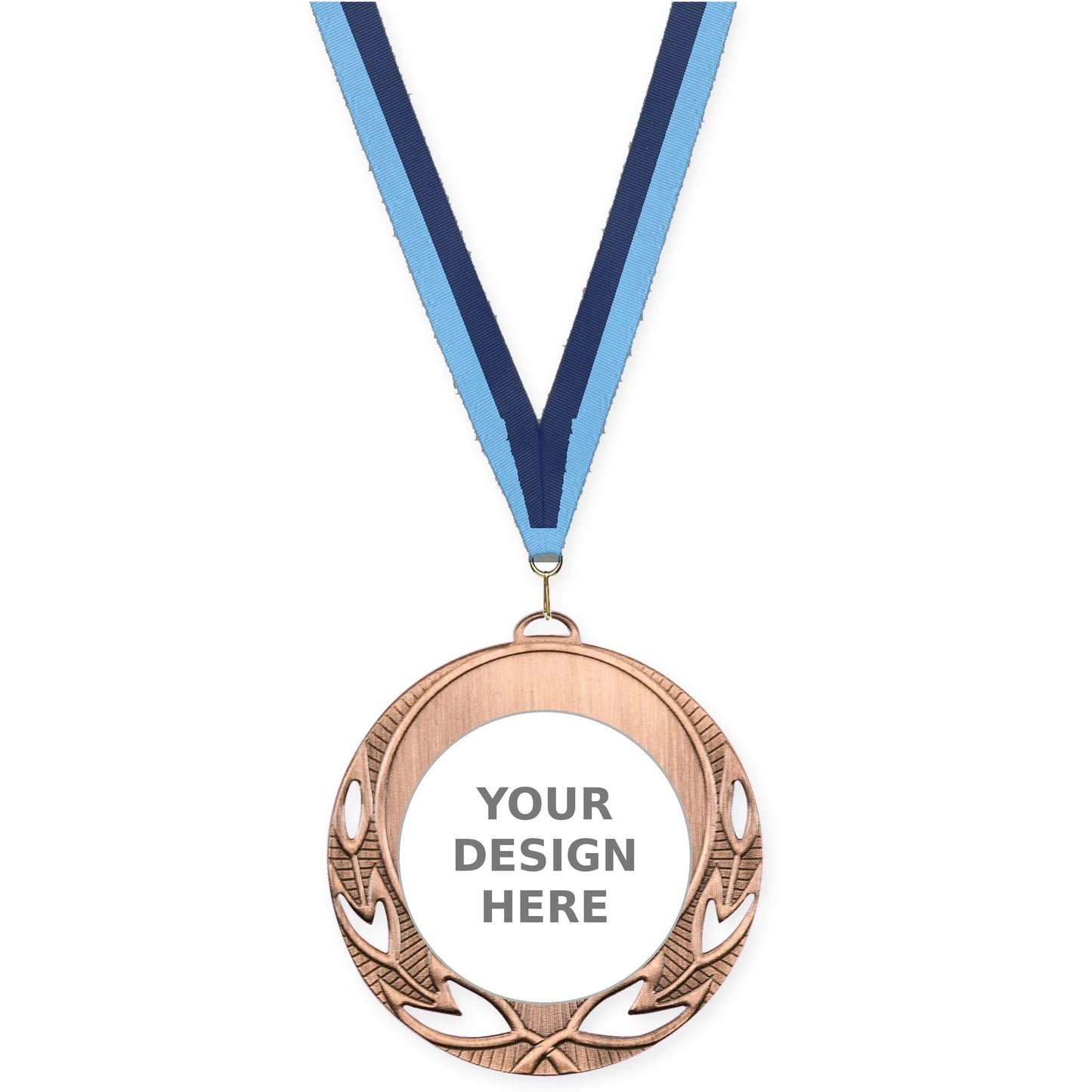 2 3/4 inch Open Laurel insert medal in antique bronze with Light Blue Navy neck ribbon