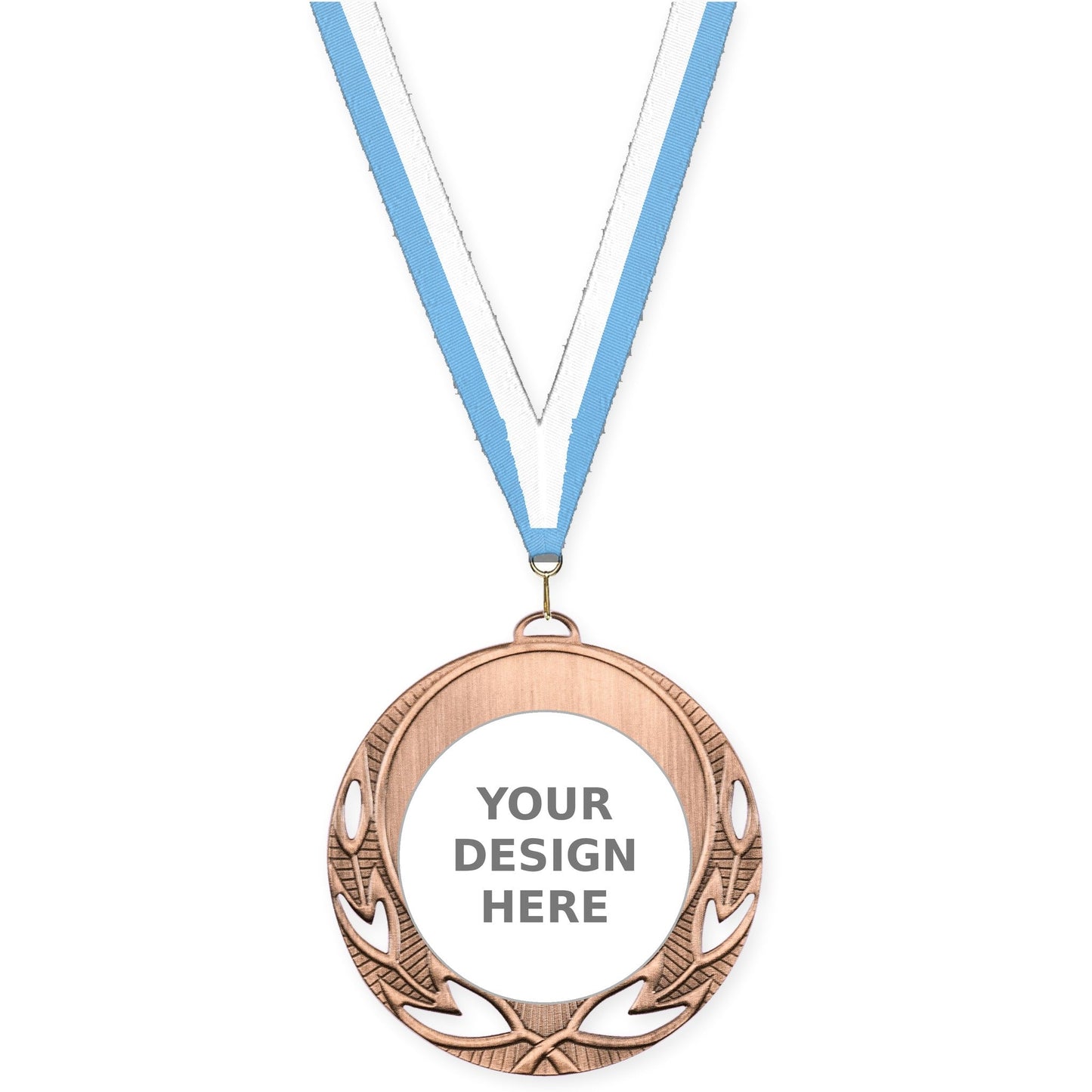 2 3/4 inch Open Laurel insert medal in antique bronze with Light Blue White neck ribbon