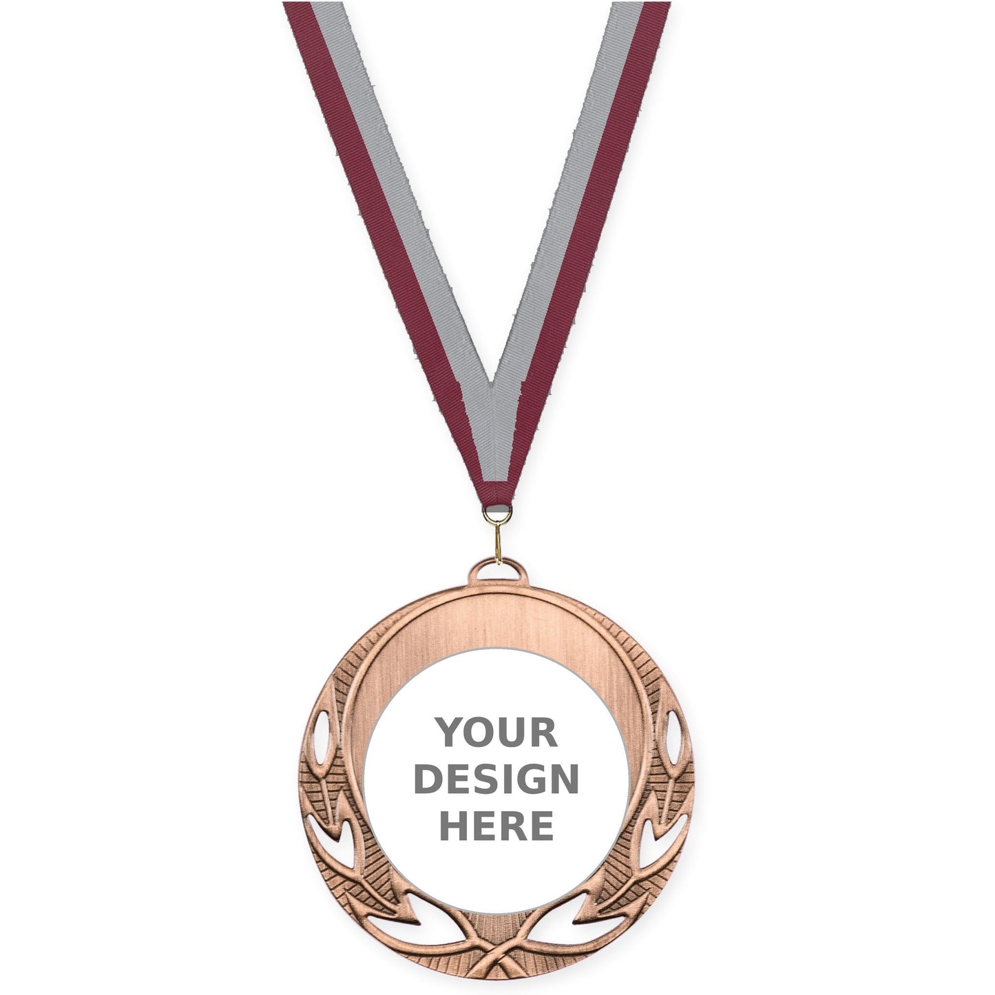 2 3/4 inch Open Laurel insert medal in antique bronze with Maroon Gray neck ribbon