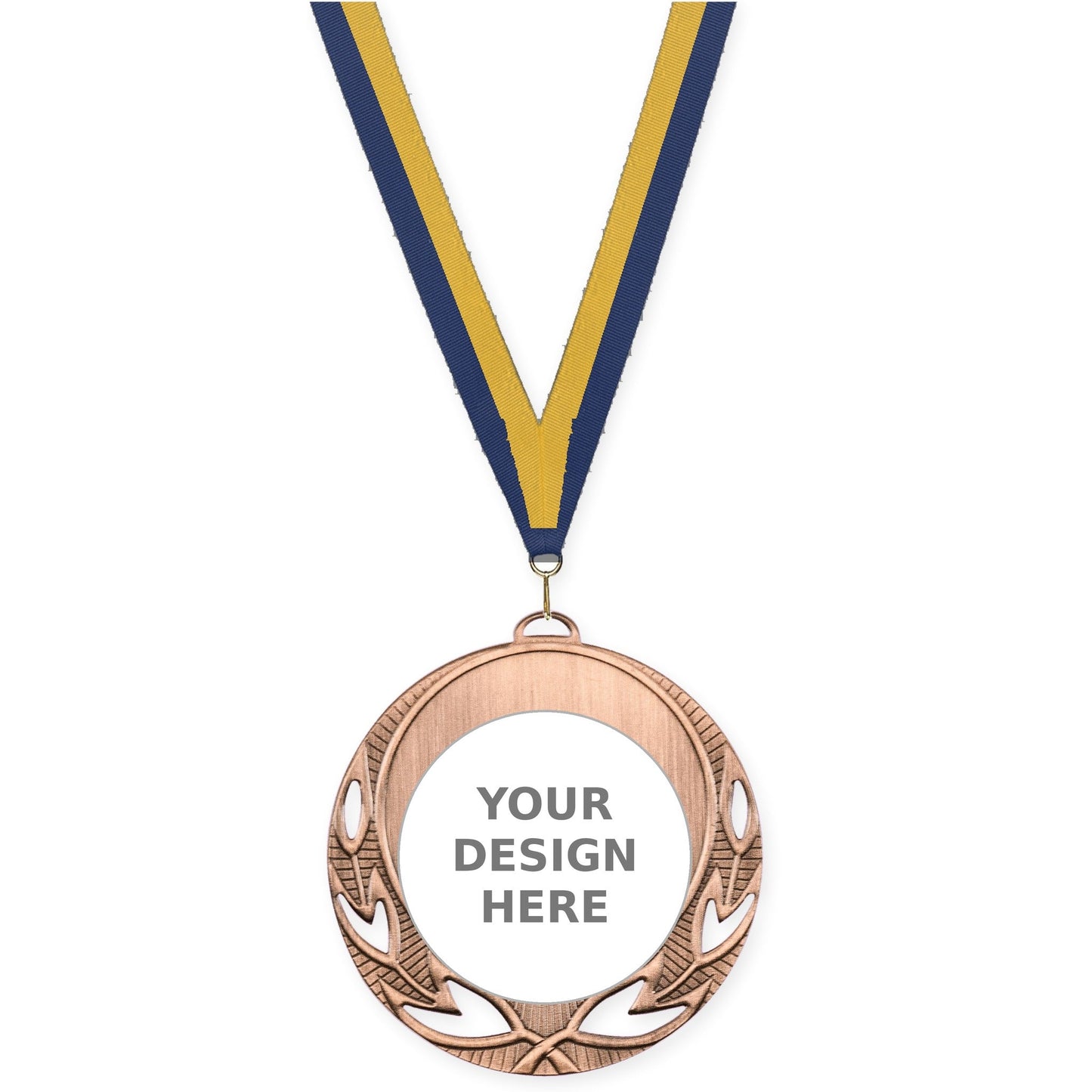 2 3/4 inch Open Laurel insert medal in antique bronze with Navy Gold neck ribbon