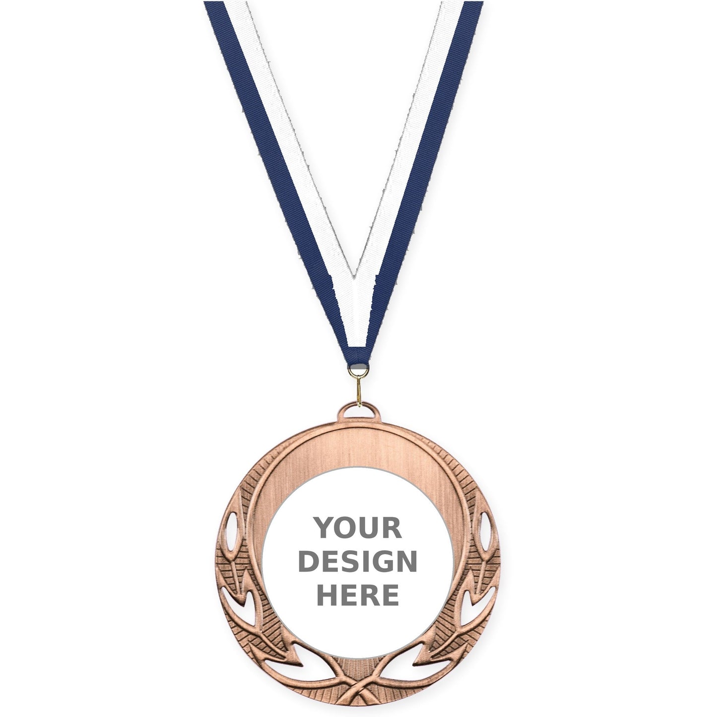2 3/4 inch Open Laurel insert medal in antique bronze with Navy White neck ribbon