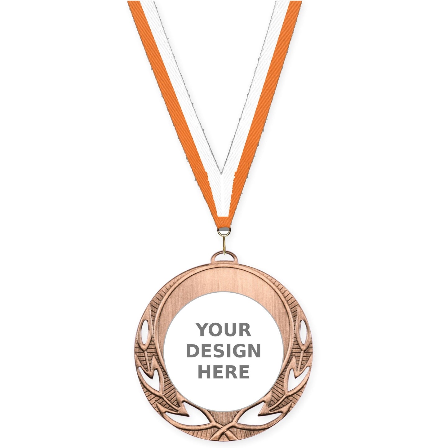 2 3/4 inch Open Laurel insert medal in antique bronze with Orange White neck ribbon