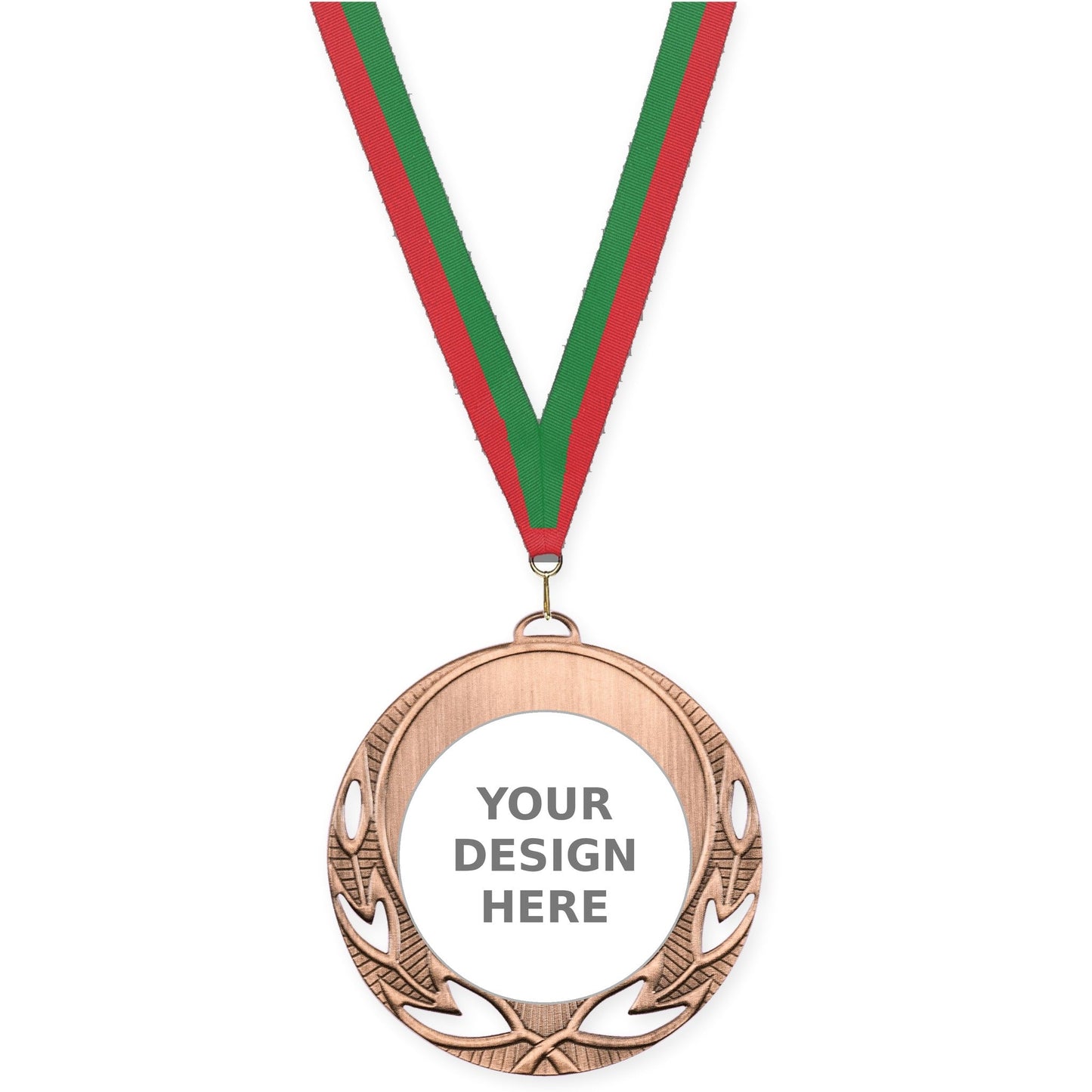 2 3/4 inch Open Laurel insert medal in antique bronze with Red Green neck ribbon