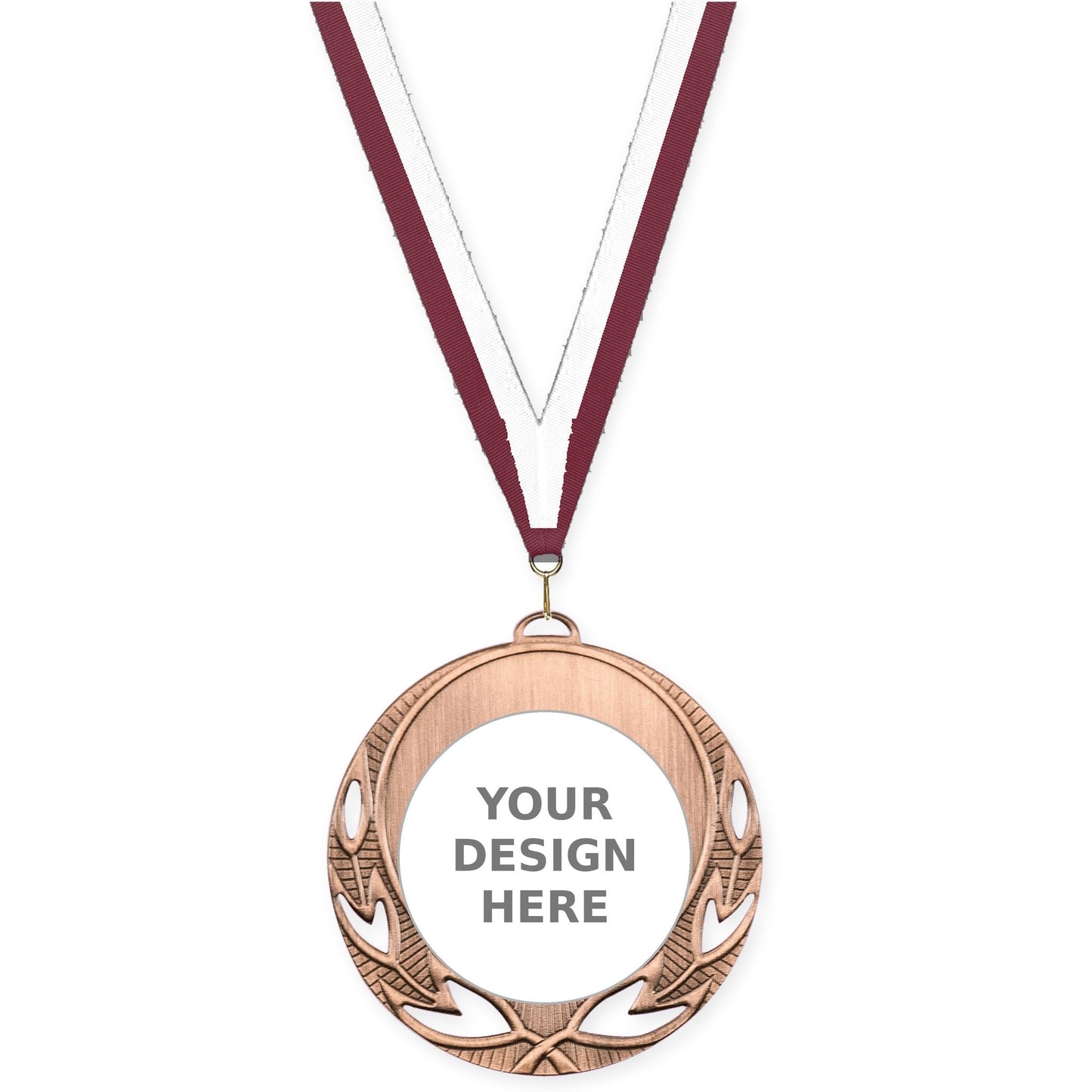 2 3/4 inch Open Laurel insert medal in antique bronze with Maroon White neck ribbon