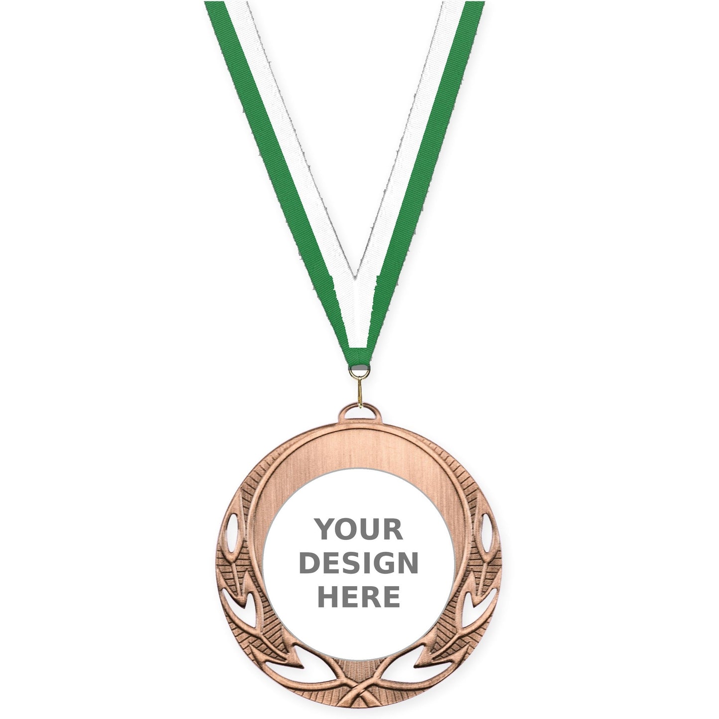 2 3/4 inch Open Laurel insert medal in antique bronze with Green White neck ribbon