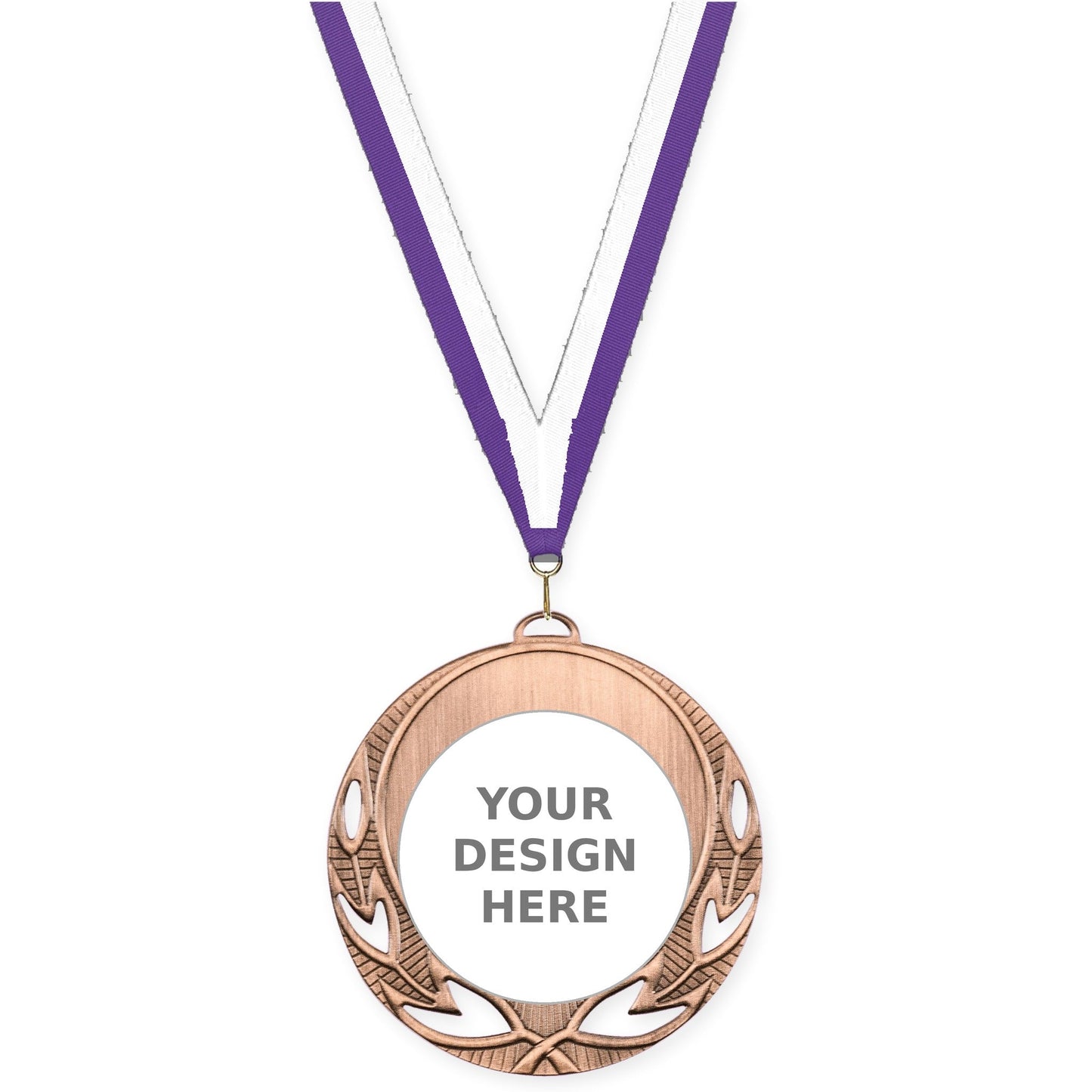 2 3/4 inch Open Laurel insert medal in antique bronze with Purple White neck ribbon