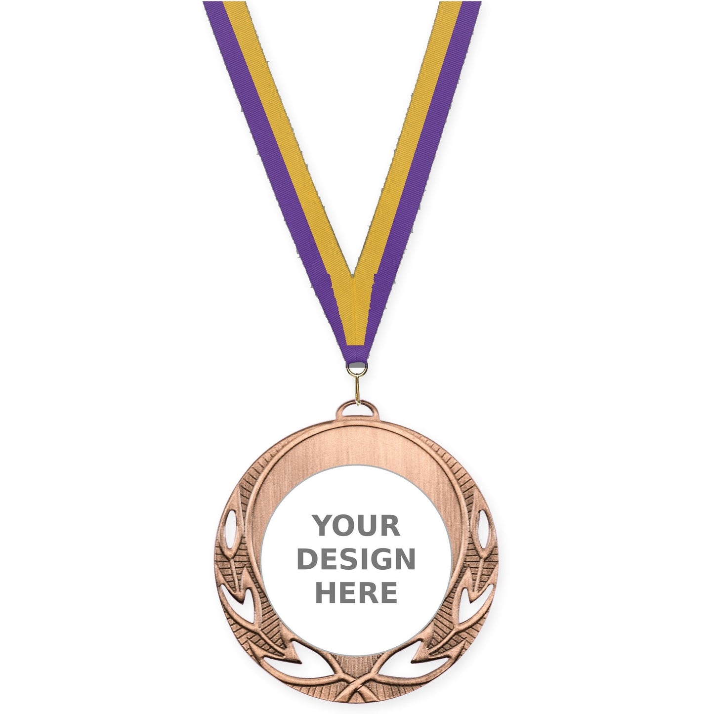 2 3/4 inch Open Laurel insert medal in antique bronze with Purple Gold neck ribbon