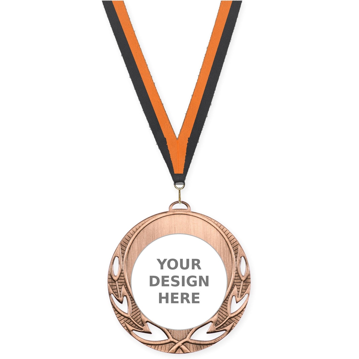 2 3/4 inch Open Laurel insert medal in antique bronze with Black Orange neck ribbon