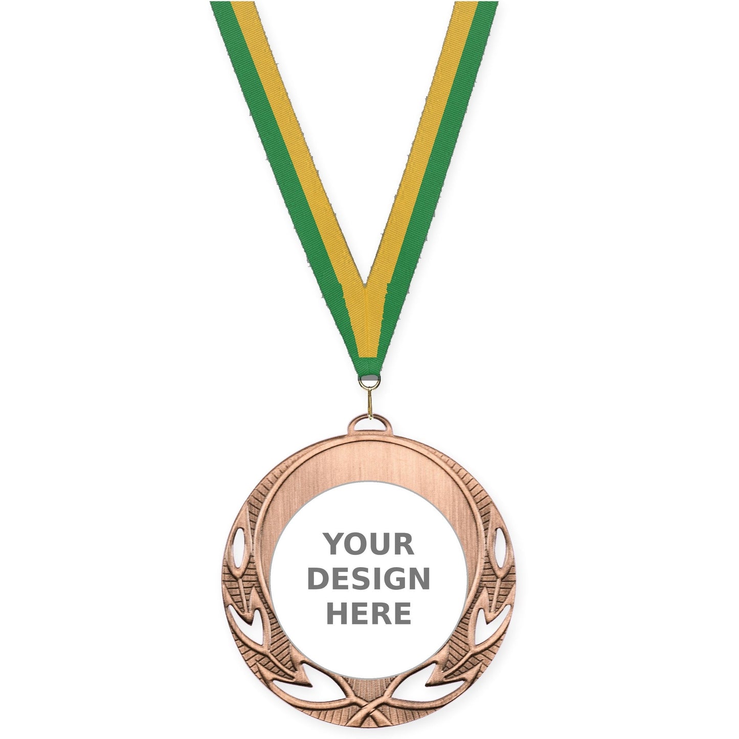 2 3/4 inch Open Laurel insert medal in antique bronze with Green Gold neck ribbon