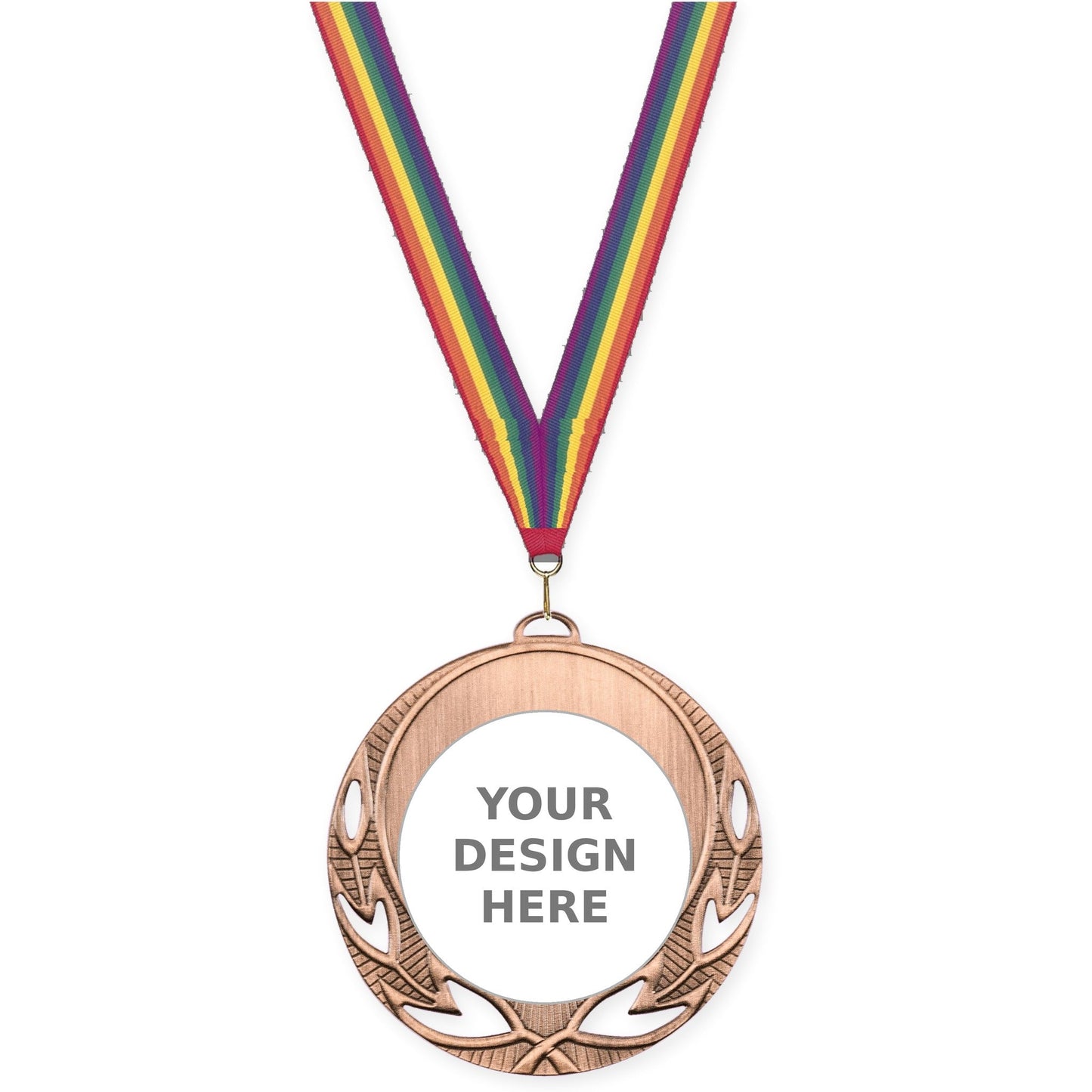 2 3/4 inch Open Laurel insert medal in antique bronze with Rainbow neck ribbon