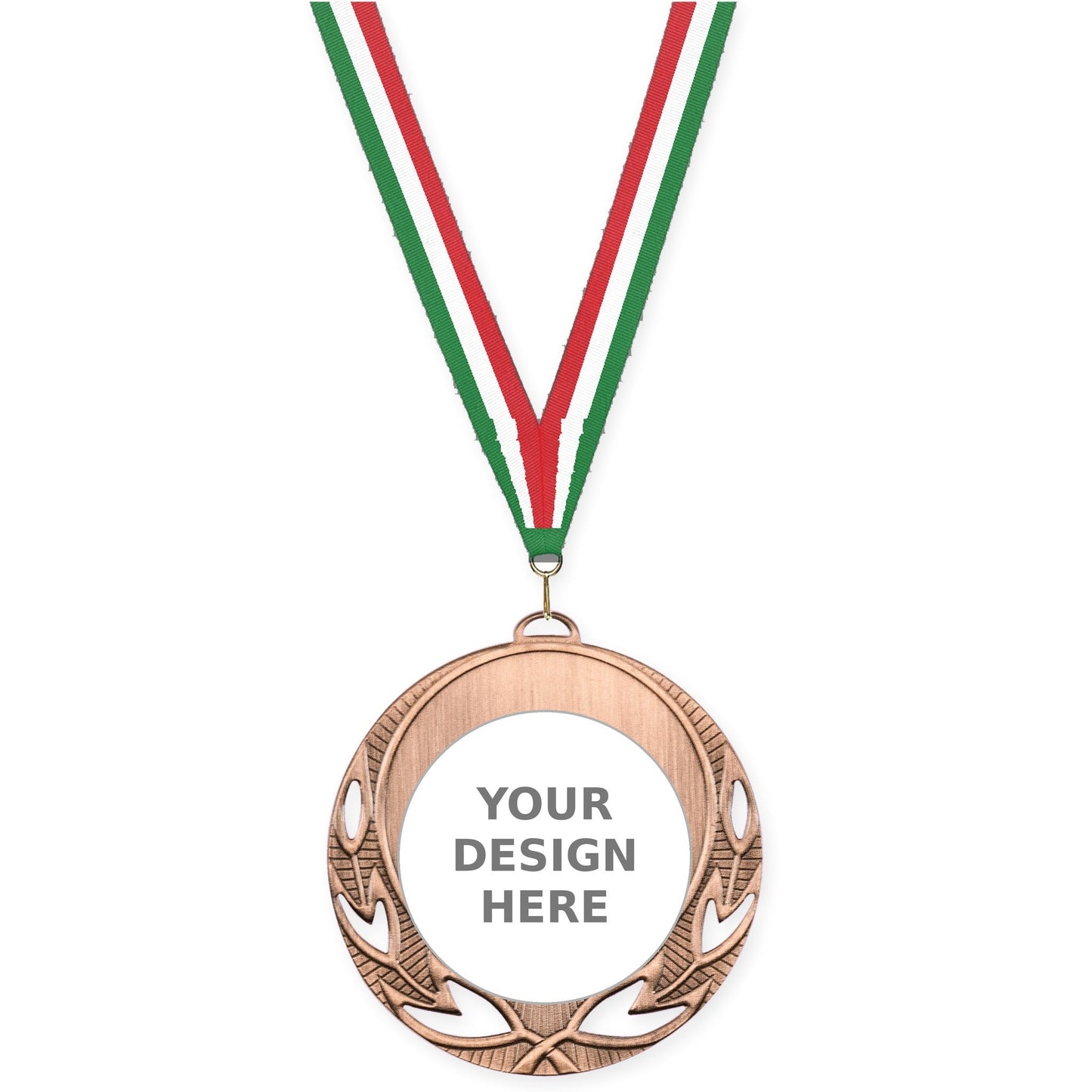 2 3/4 inch Open Laurel insert medal in antique bronze with Green White Red neck ribbon