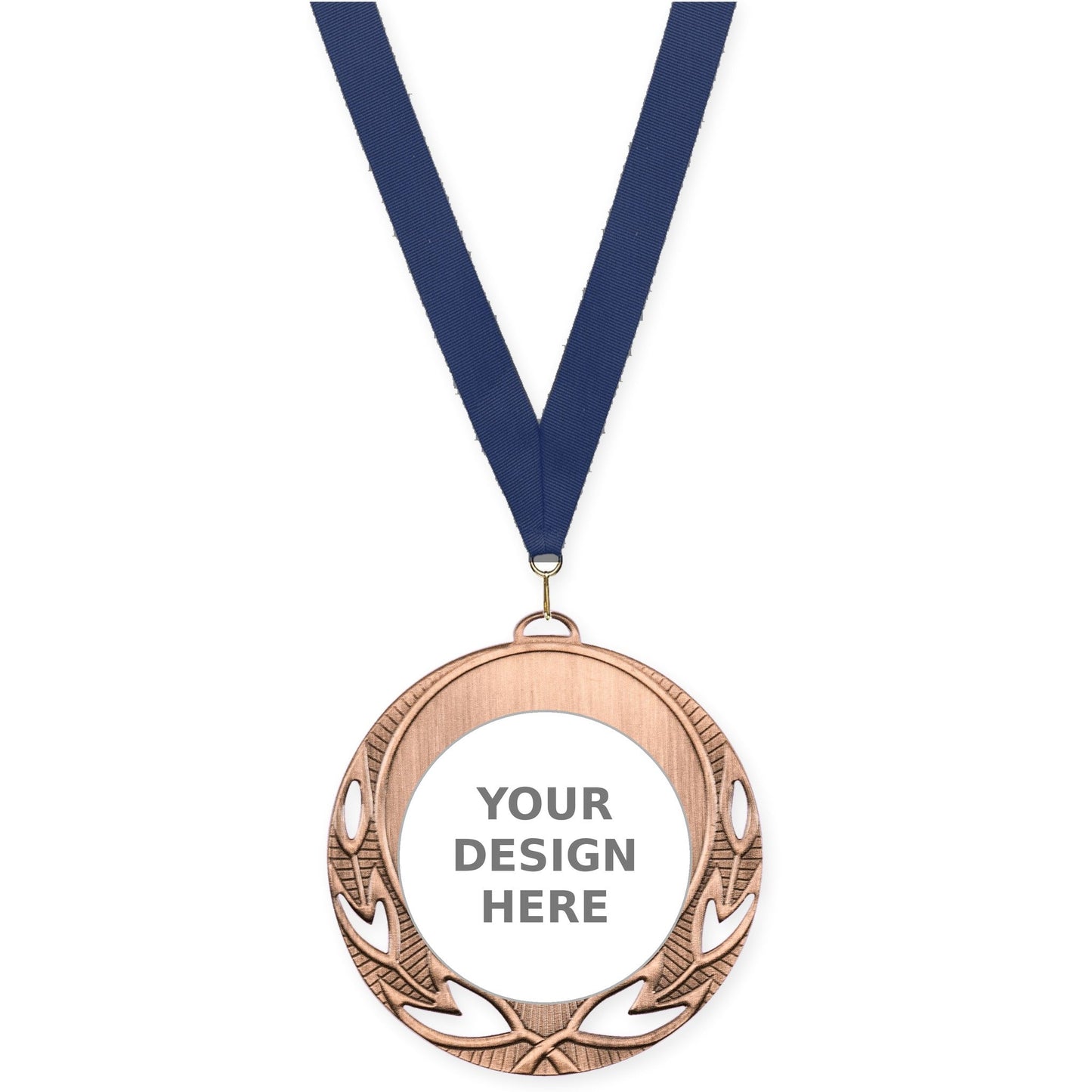 2 3/4 inch Open Laurel insert medal in antique bronze with Navy neck ribbon