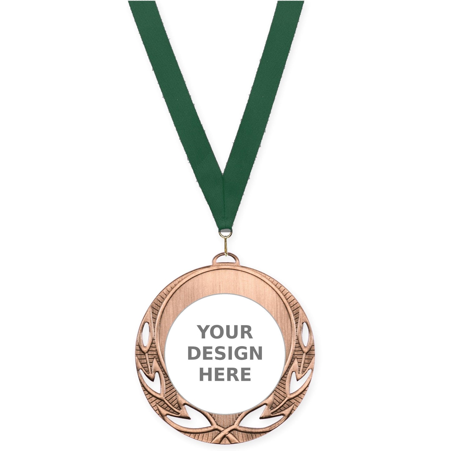 2 3/4 inch Open Laurel insert medal in antique bronze with Hunter Green neck ribbon