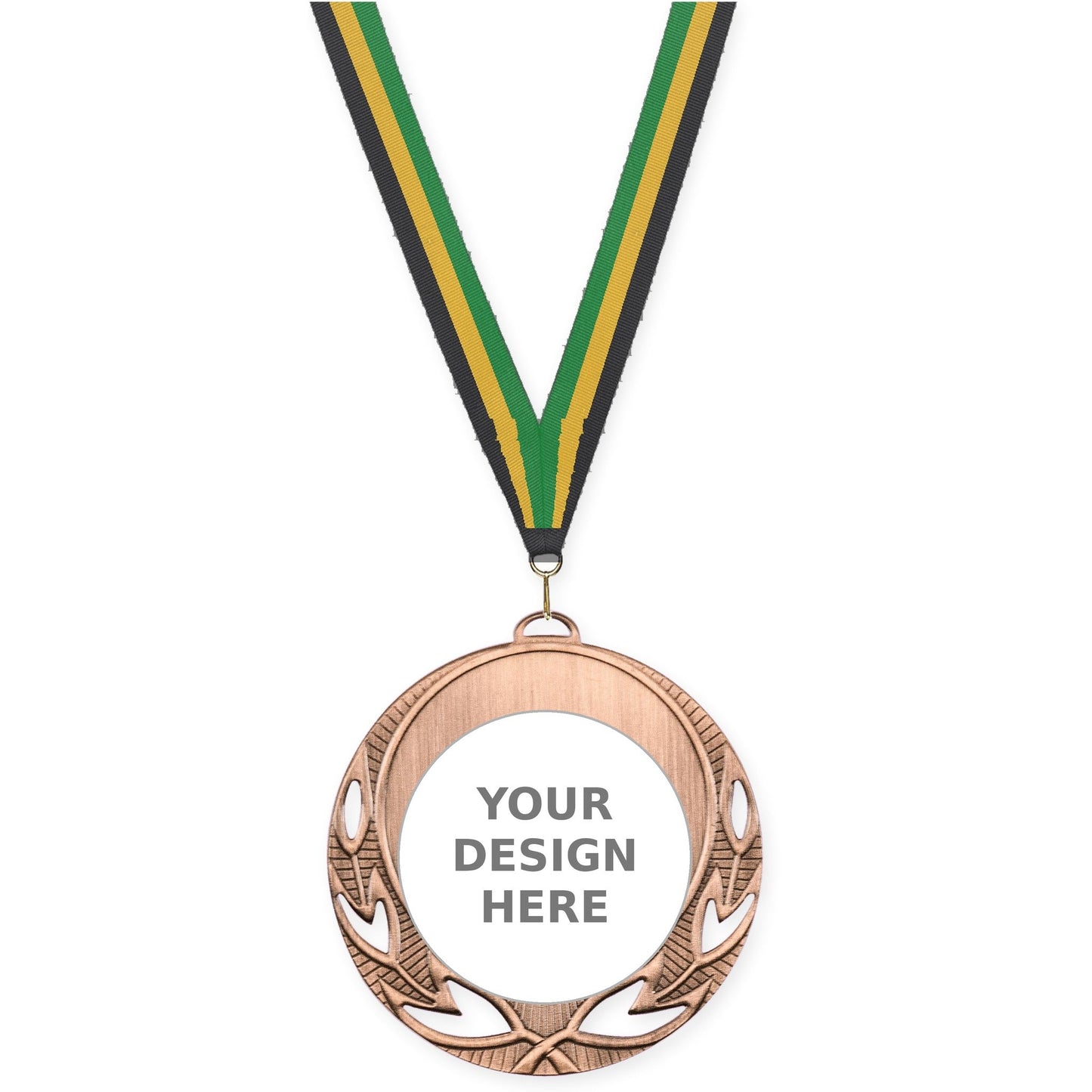 2 3/4 inch Open Laurel insert medal in antique bronze with Black Gold Green neck ribbon