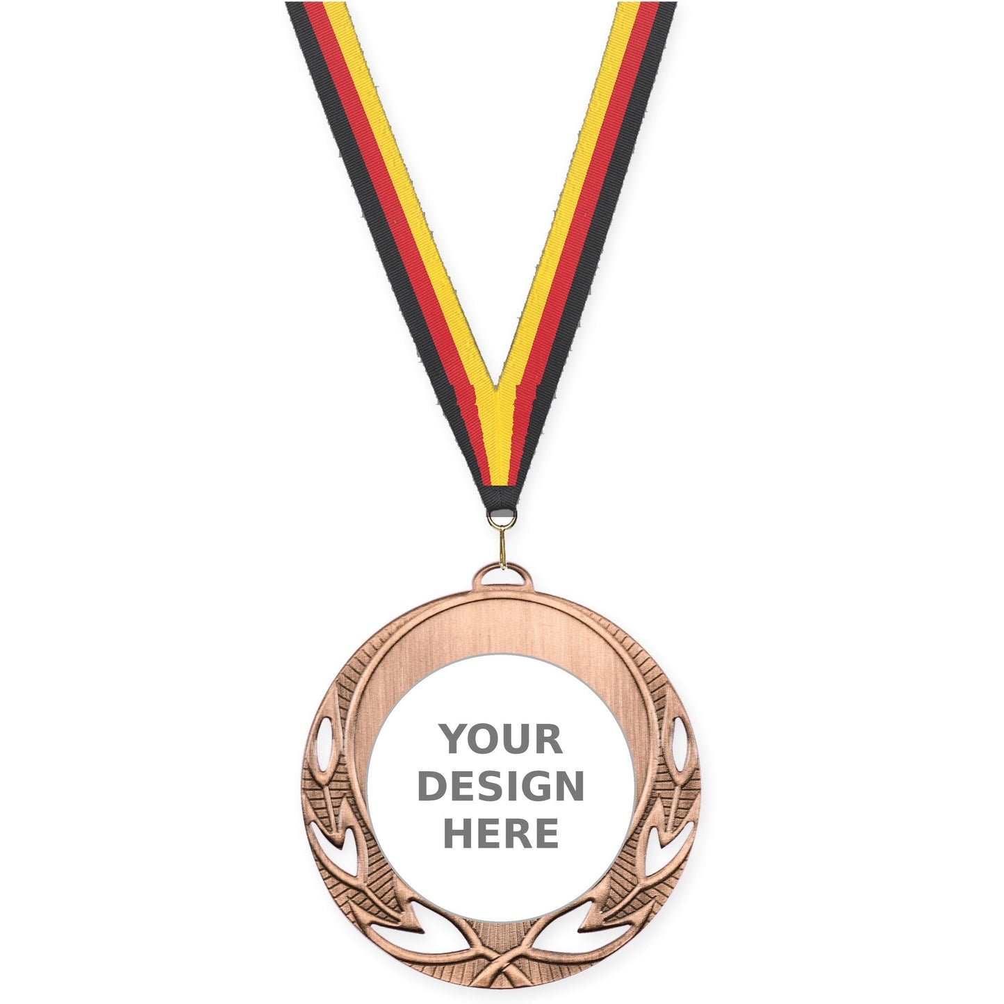 2 3/4 inch Open Laurel insert medal in antique bronze with Black Red Yellow neck ribbon