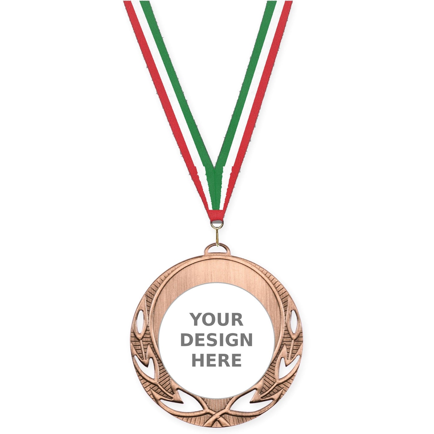 2 3/4 inch Open Laurel insert medal in antique bronze with Red White Green neck ribbon