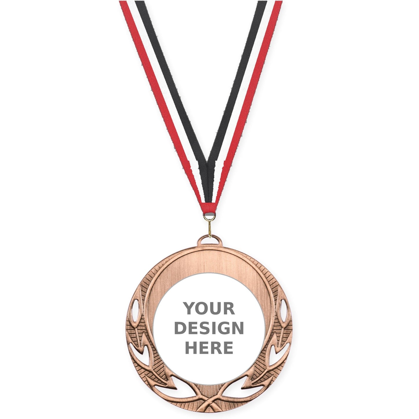 2 3/4 inch Open Laurel insert medal in antique bronze with Red White Black neck ribbon