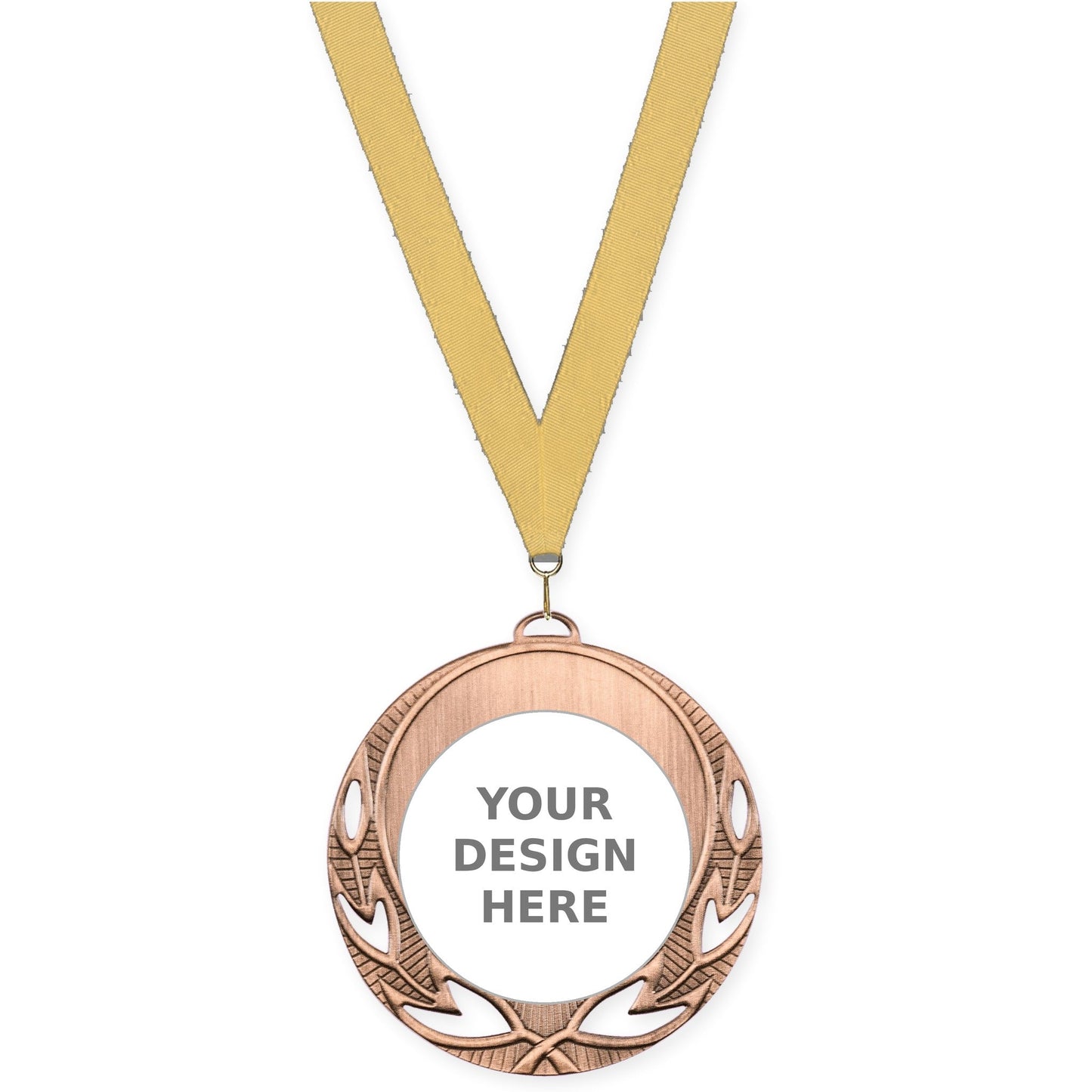 2 3/4 inch Open Laurel insert medal in antique bronze with Gold Metallic neck ribbon