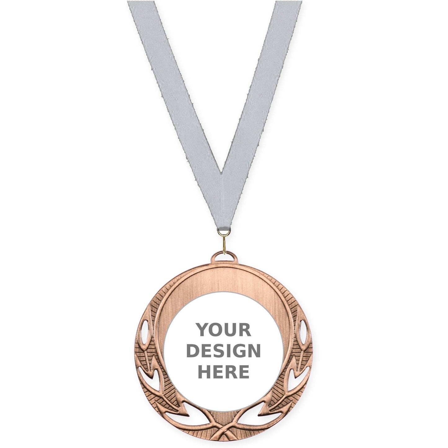 2 3/4 inch Open Laurel insert medal in antique bronze with Silver Metallic neck ribbon