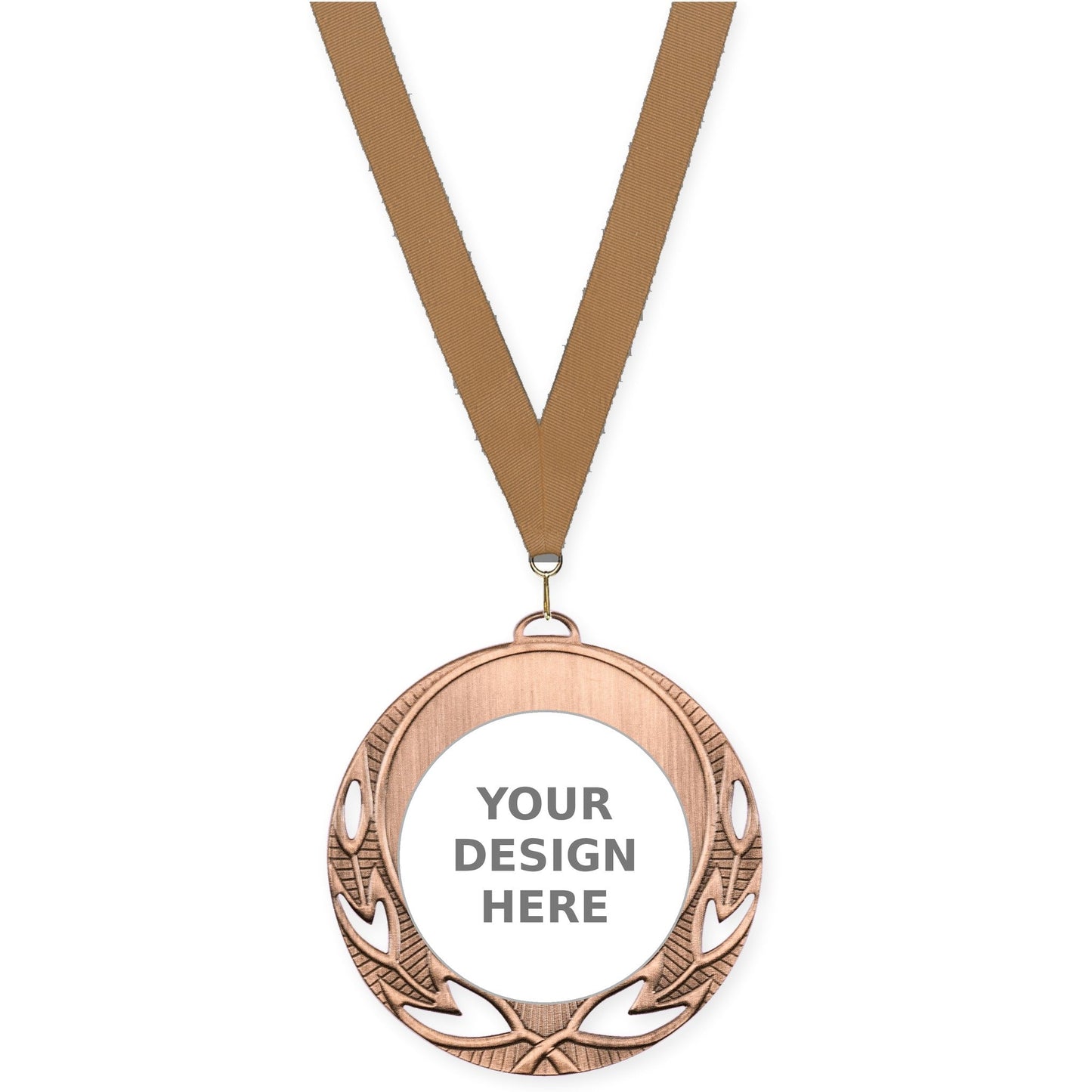 2 3/4 inch Open Laurel insert medal in antique bronze with Bronze Metallic neck ribbon