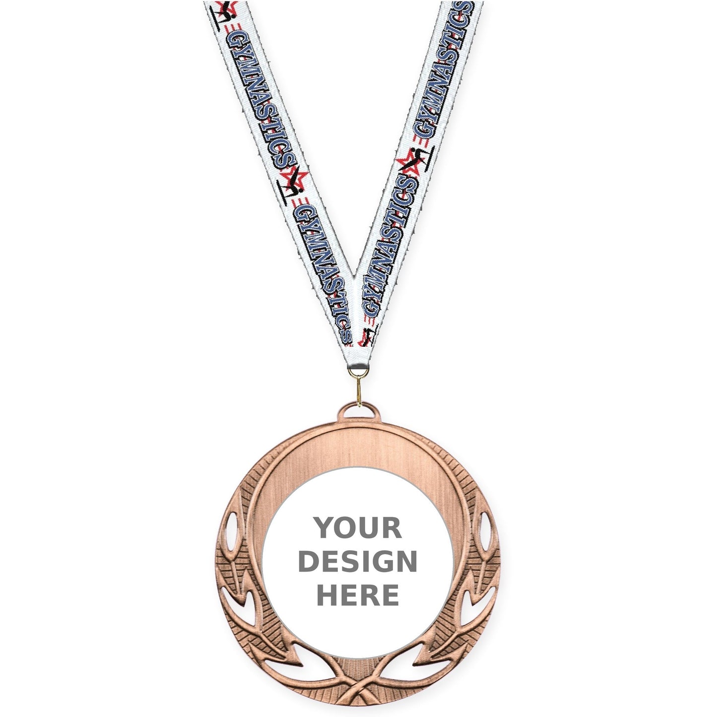 2 3/4 inch Open Laurel insert medal in antique bronze with Gymnastics neck ribbon