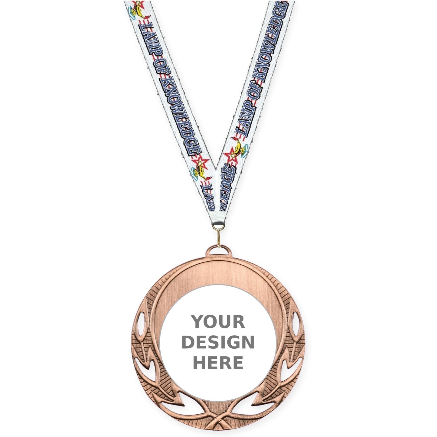 2 3/4 inch Open Laurel insert medal in antique bronze with Lamp Of Knowledge neck ribbon